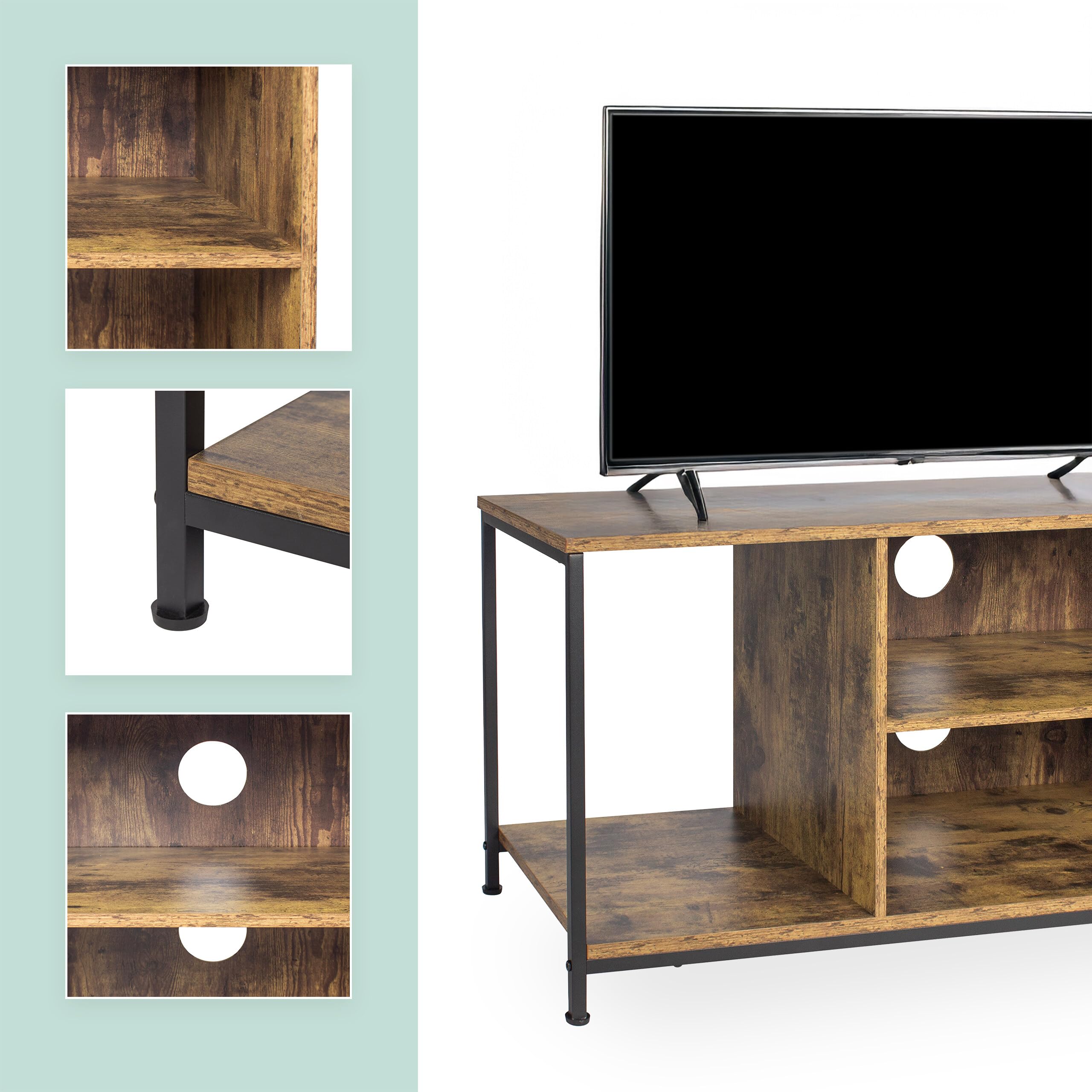 Relaxdays Meuble TV Industriel 4 Compartiments, Passe-câbles, pour TV Jusqu’à 55", Brun/Noir 50x120x40 cm
