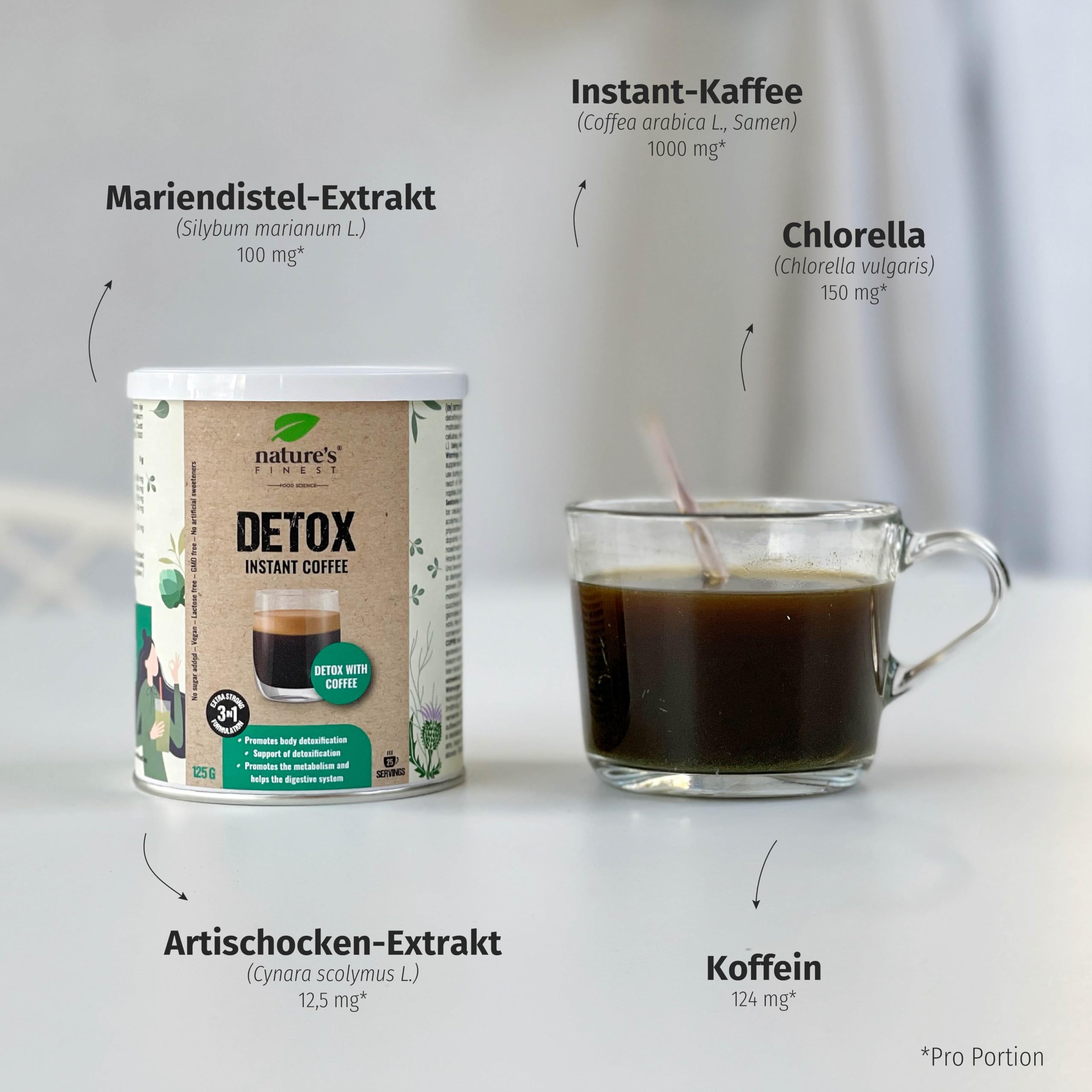 Nature's Finest Detox Coffee, Instant-Kaffee 625 g (5er Pack) | Instant-Kaffee (20 % Arabica) mit Chlorella, Mariendistel- & Artischockenextrakt - vegan, schnell aufgegossen