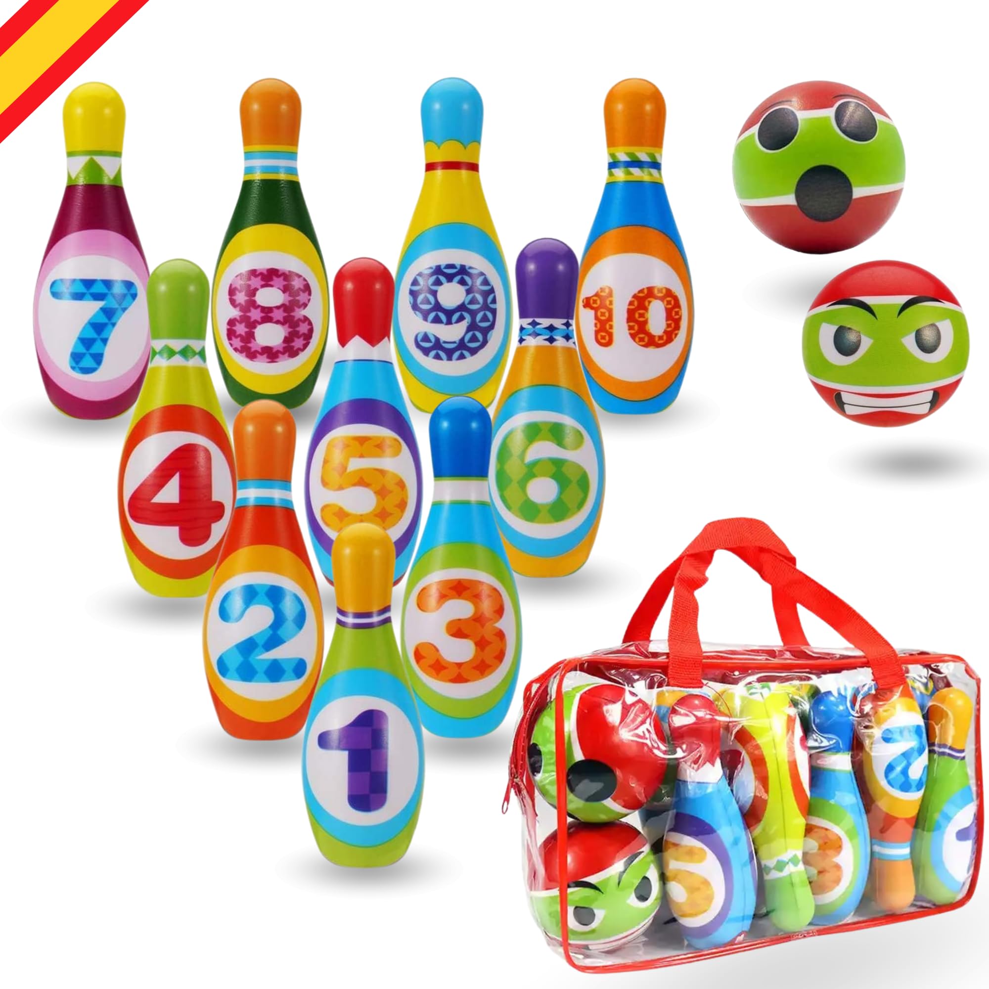 Juego de BOLOS INFANTILES - Juguetes niños 2 años a 5. Juguete Montessori |Regalo niño 2 años a 5| 10 Bolos de espuma de 14cm + 2 pelotas | Incluye Bolsa de Transporte. Juego niño interior y exterior