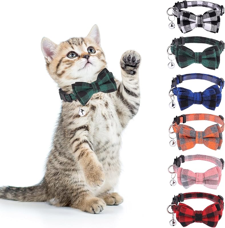 Coleira para Gatos Xadrez com Laço Removível e Sino DragonflyDreams, Pacote com 6