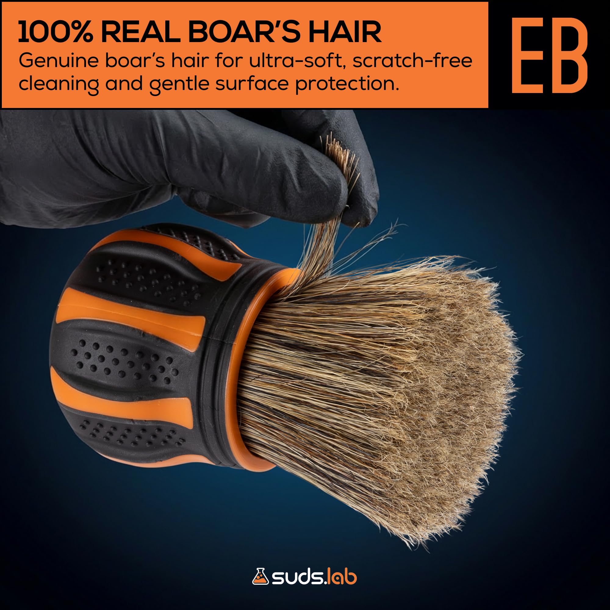 Suds Lab Elite - Cepillo de pelo de jabalí para detalles de coche, limpieza profunda con soporte, sin metal, herramienta de detalles de alta absorción para interiores y exteriores sin arañazos
