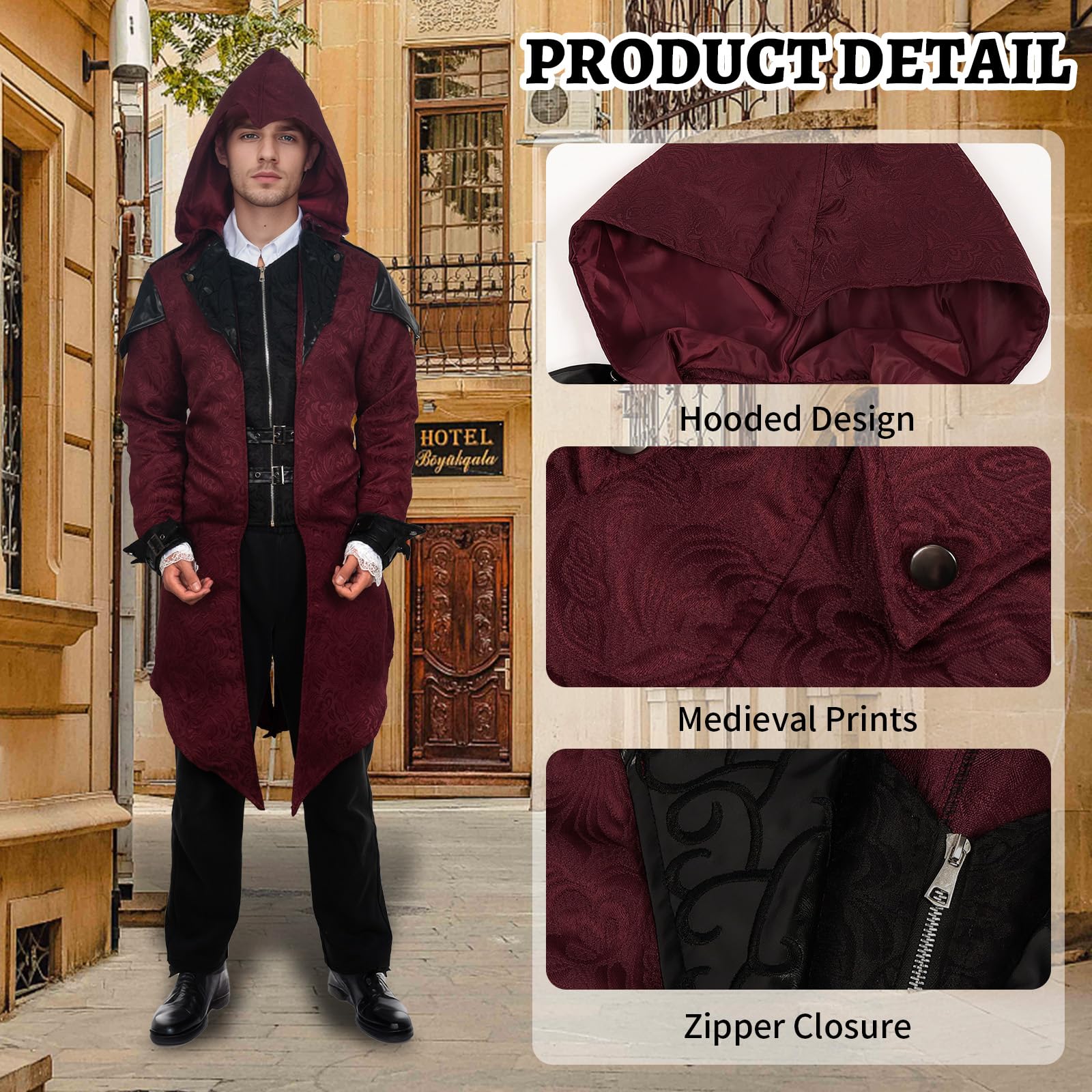Veste steampunk médiévale avec capuche, manteau gothique, manteau médiéval, costume d'Halloween, vêtements de renaissance, veste de frack vintage