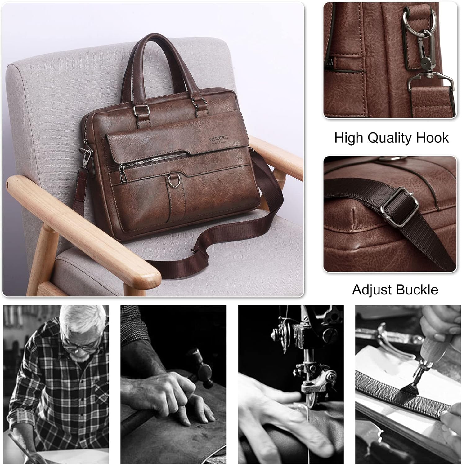 Men Briefcase Messenger Bag PU Leather Tote Handbag fit 12.9 inch Laptop Shoulder Pack for Work Professional Satchel Business Office Travel Crossbody Bags Dark Brown