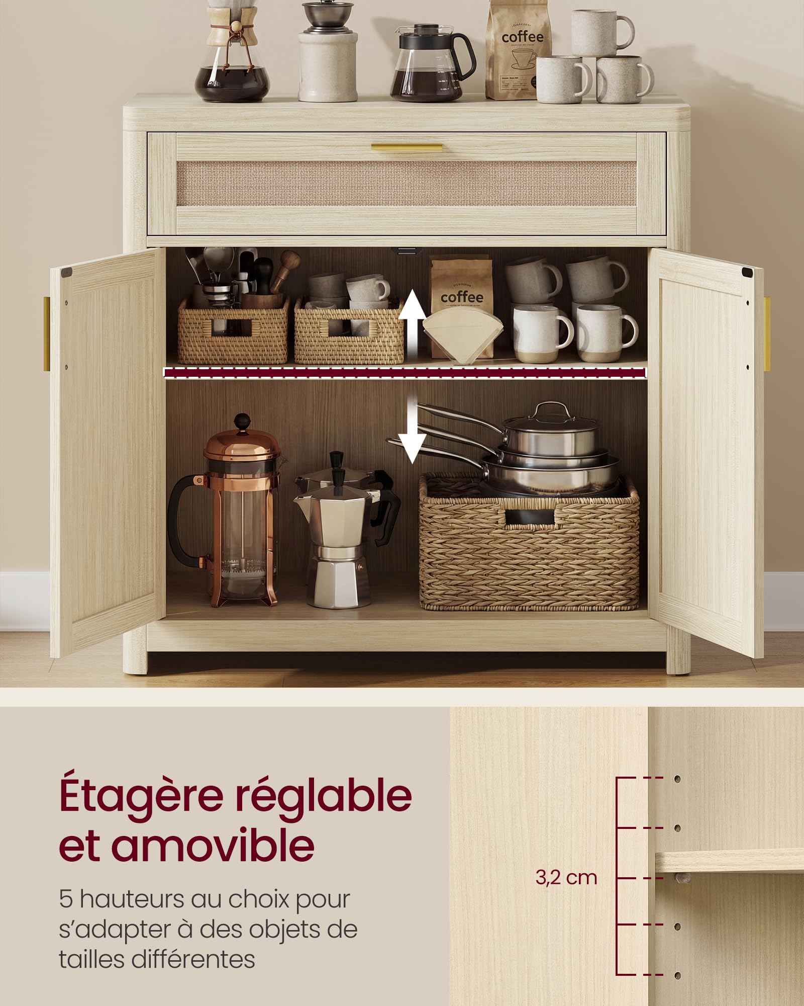 VASAGLE Collection ELLAN – Buffet de Style Bohème avec Portes Effet Cannage Rotin, Meuble de Rangement, Coins Arrondis, Étagère Réglable, Tiroir, pour Cuisine, Salle à Manger, Beige Naturel BBK601LC01