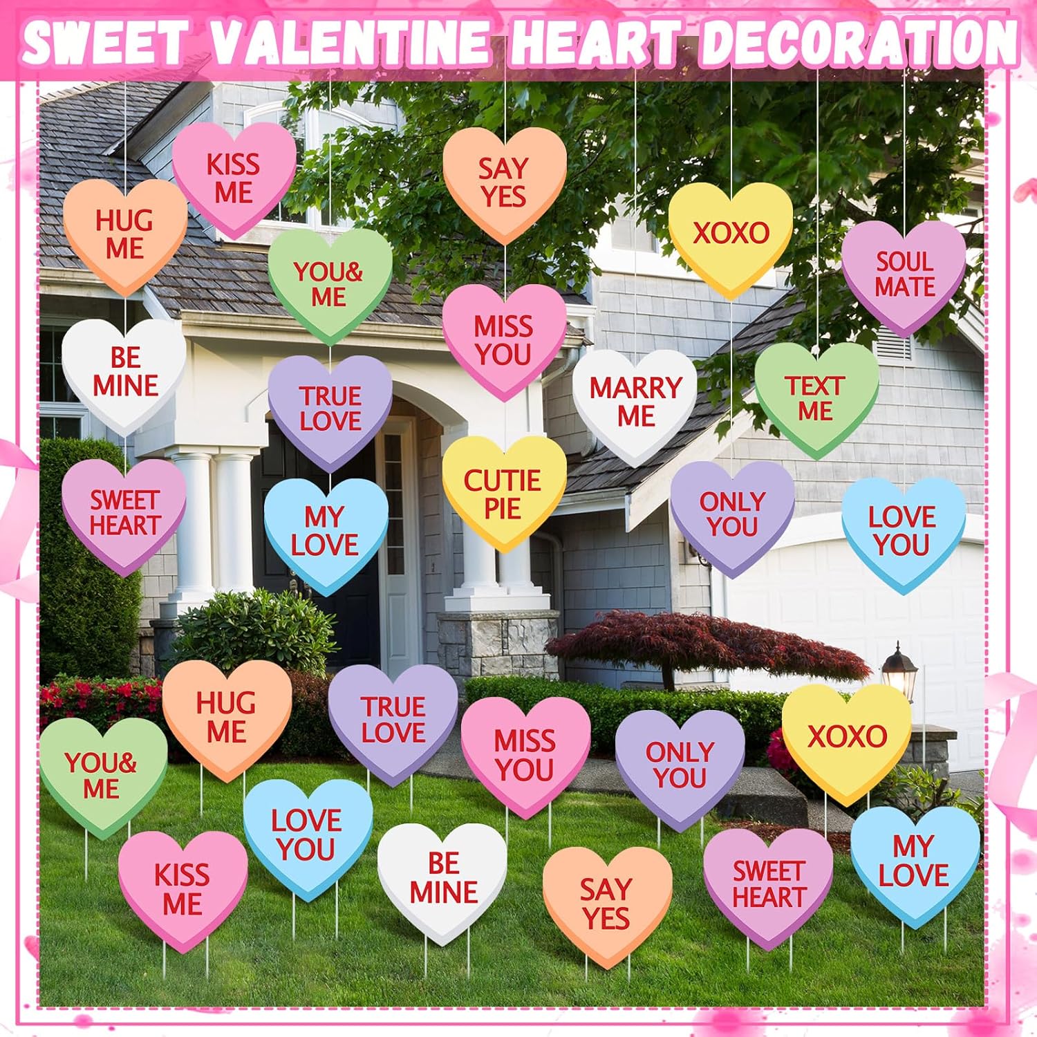 Yuntau 28 Pcs Valentine‘s Day Outdoor Decorations Conversation Heart Candy Yard Sign Valentine Day Yard Stakes Heart Sayings Hanging Ornaments with Stakes and Fishing Threads for Valentine Tree Lawn