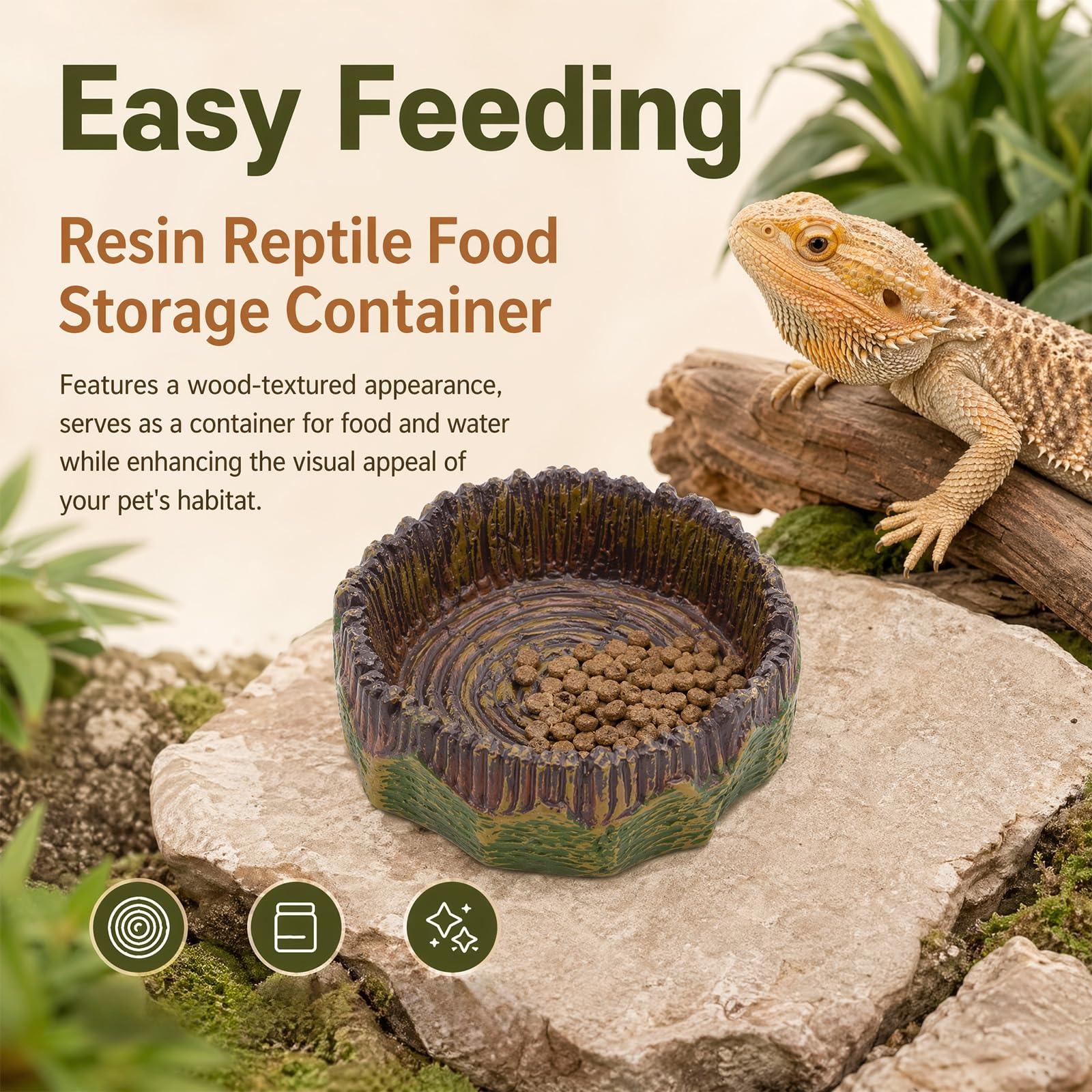 Cuenco de agua, terrario, cuenco de agua, reptiles, comedero para reptiles, terrario, tocón de árbol realista, decoración de terrario, 2 unidades para gecko, barba, lagarto, tortuga, hábitat — view 3