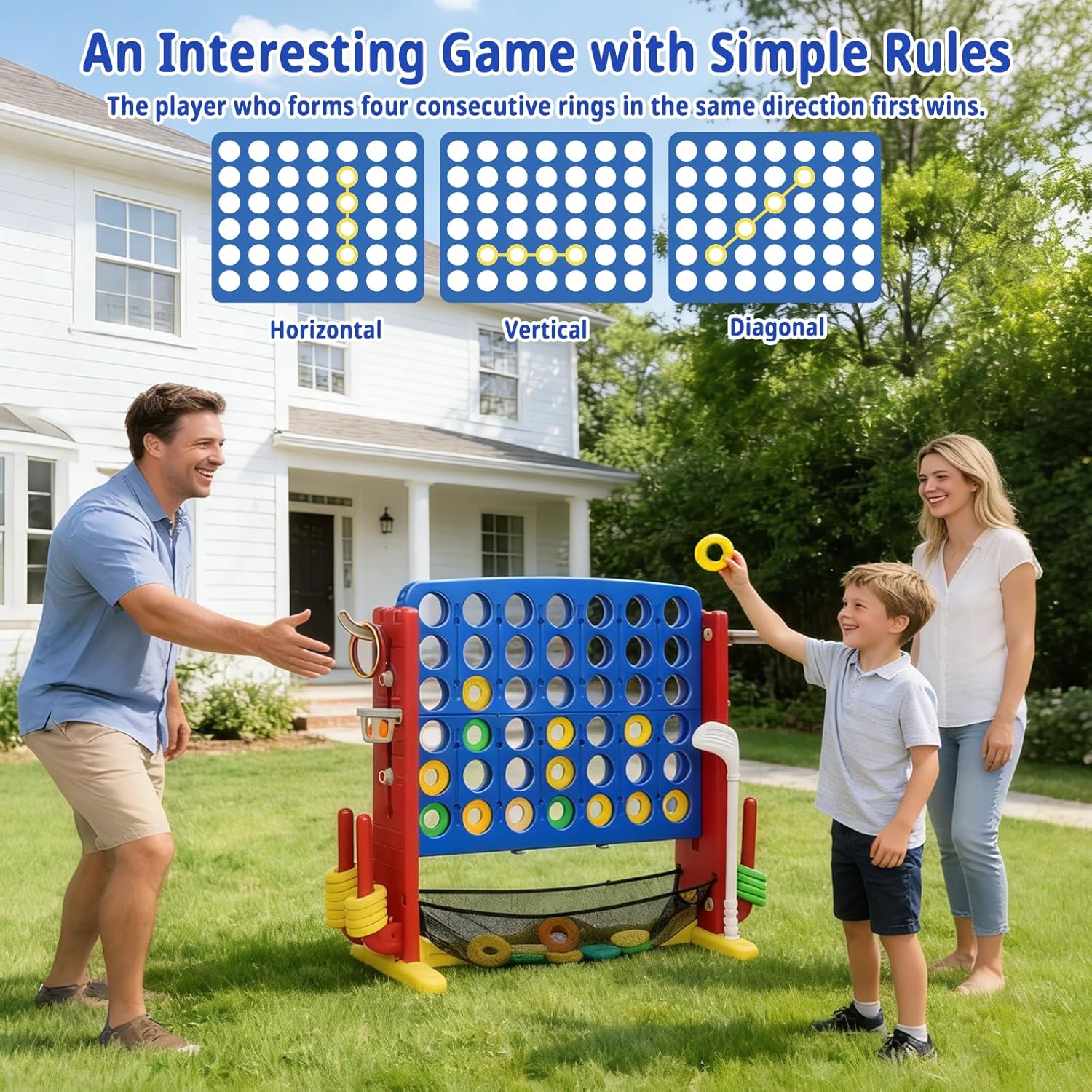 Giant 4-in-A Row Connect Game Set, Height Adjust Jumbo Yard Game for Kids & Adults w/Mesh Catching Bag, Basketball Hoop, Ring Toss & Mini Golf, Family Party 4-to-Score Indoor/Outdoor Games