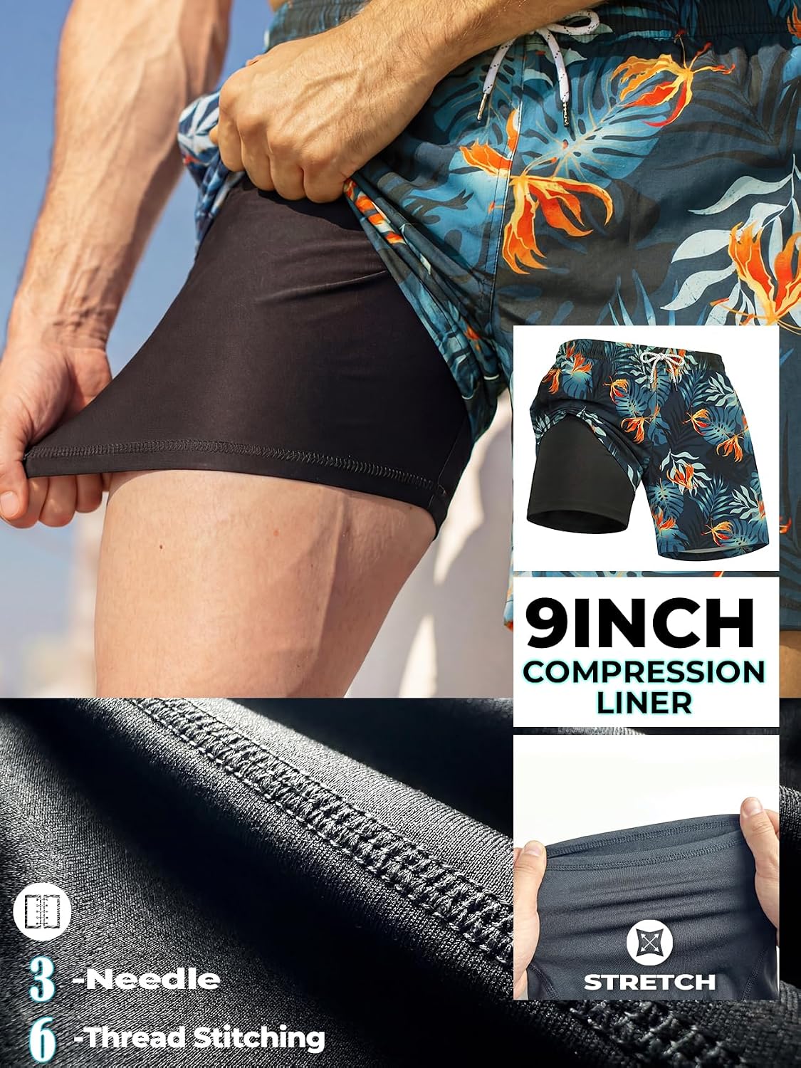 BRISIRA Mens Swim Trunks 9 Inch Inseam Compression Liner Bathing Suit Long Board Shorts Beach Swimsuit Anti Chafe Quick Dry