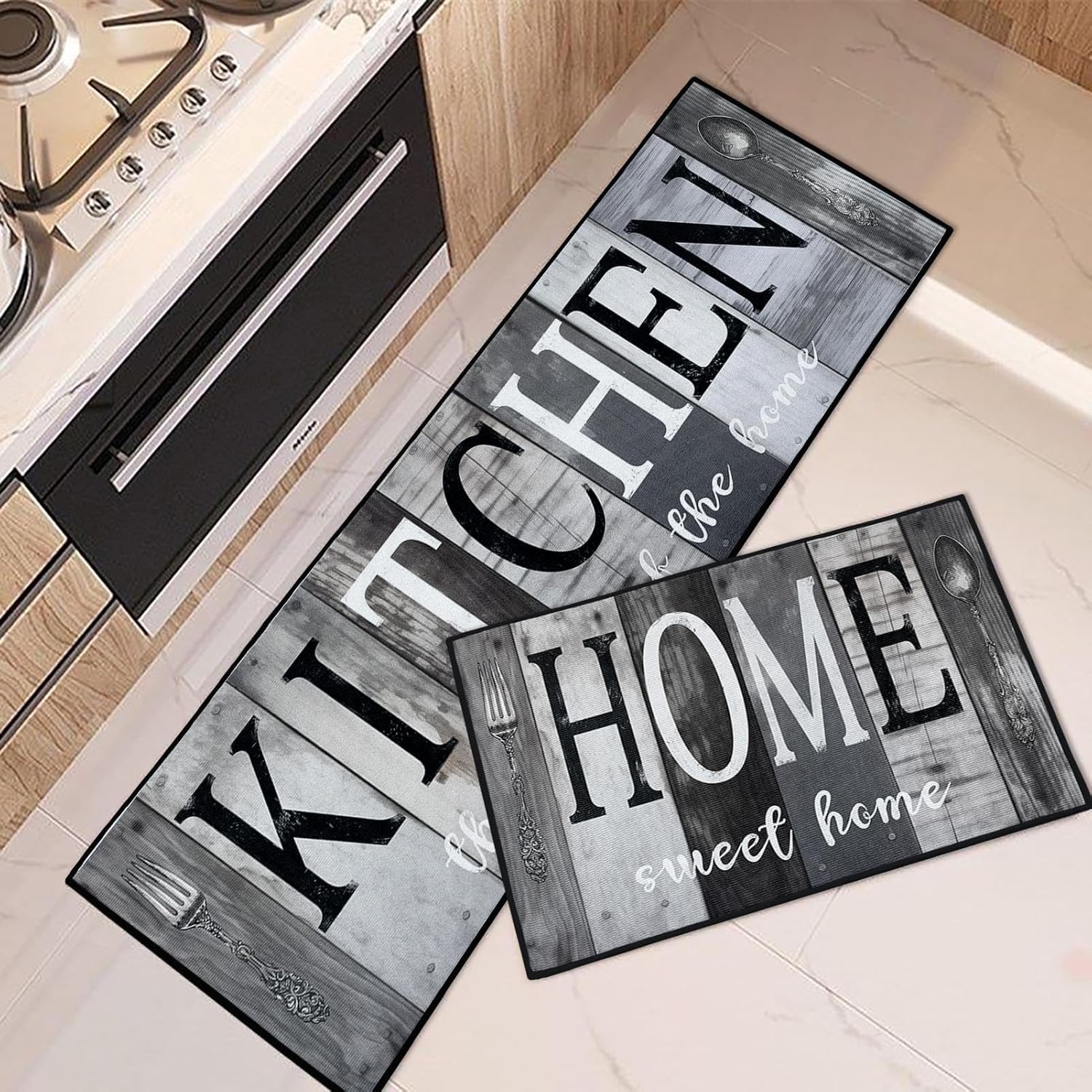 Farmhouse Black Gray Kitchen Rugs and Mats Non Skid Washable Set of 2, Vintage Wooden Board Floor Mats, Sweet Heart Home Runner Rug, Kitchen Decor