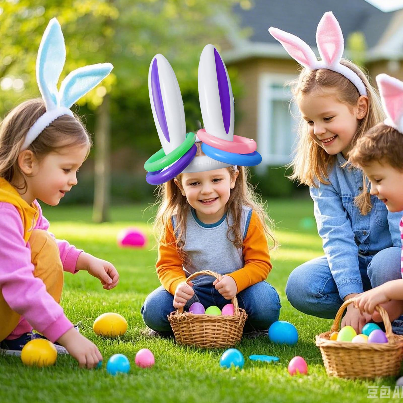 Jeu de Lancer d'Anneaux Gonflable pour Oreilles de Lapin, avec Anneaux et 1 Pompe,Jeu Exterieur Enfant Adulte,Amusant Jeux Gonflable Piscine pour Jardin Fête Pâques Party
