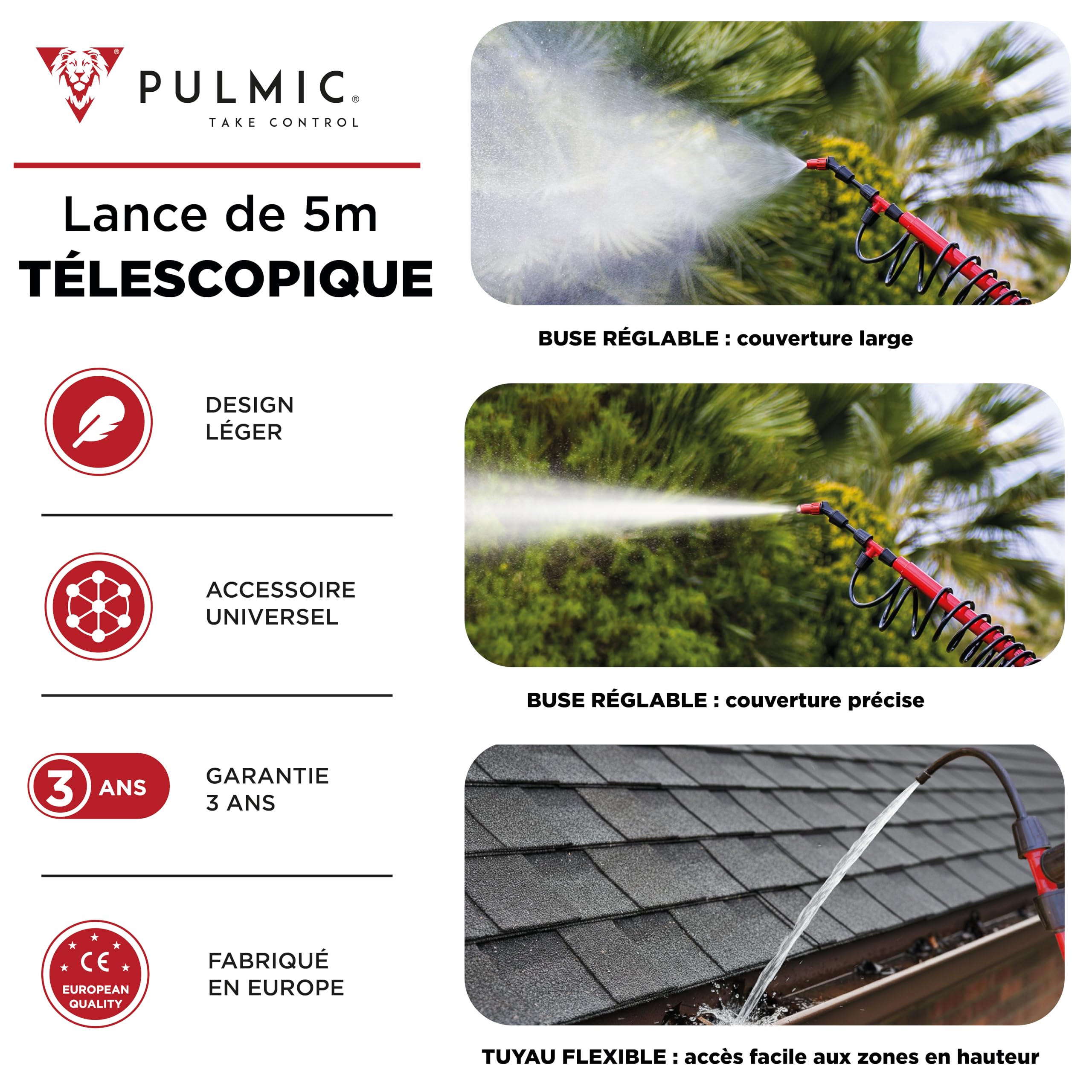 Pulmic Lance de Pulvérisation Télescopique 5 m d'Hauteur – Perche en Fibre de Verre Légère. Idéale pour Le Démoussage, Le Nettoyage de Toiture, Murs et Façades. Buse Réglable Qualité Professionnelle