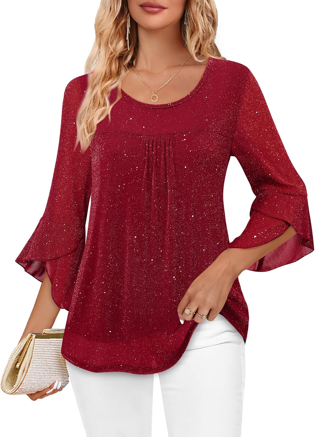 Bebonnie Women's Ruffle 3/4 Sleeve Elegant Dressy Blouses Crew Neck Double Layers Mesh Tunic Tops - Image 2
