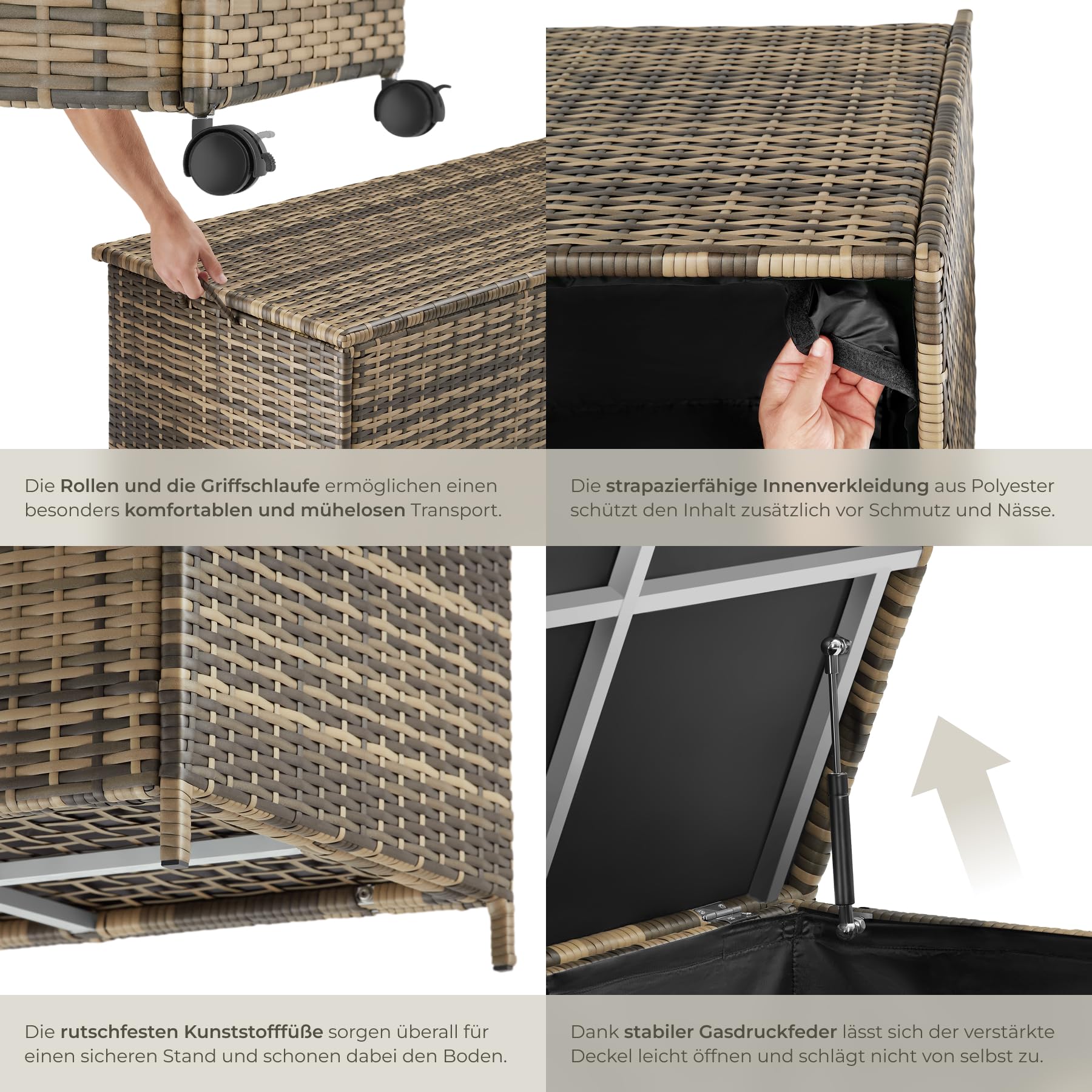tectake® Auflagenbox 253 l, 116 x 54 x 64 cm, 2 drehbare Rollen mit Feststellbremse, Polyrattan mit Aluminiumrahmen, Polsterbox, Kissenbox für Gartenpolster Aufbewahrung, Aufbewahrungsbox - natur