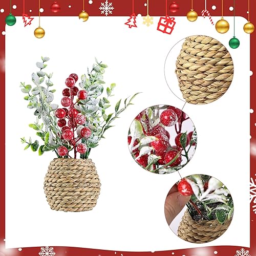 Miniatura 3 de Juego de 4 decoraciones de mesa de Navidad, plantas artificiales con bayas rojas en macetas de tejido de paja, plantas rústicas hechas a mano para