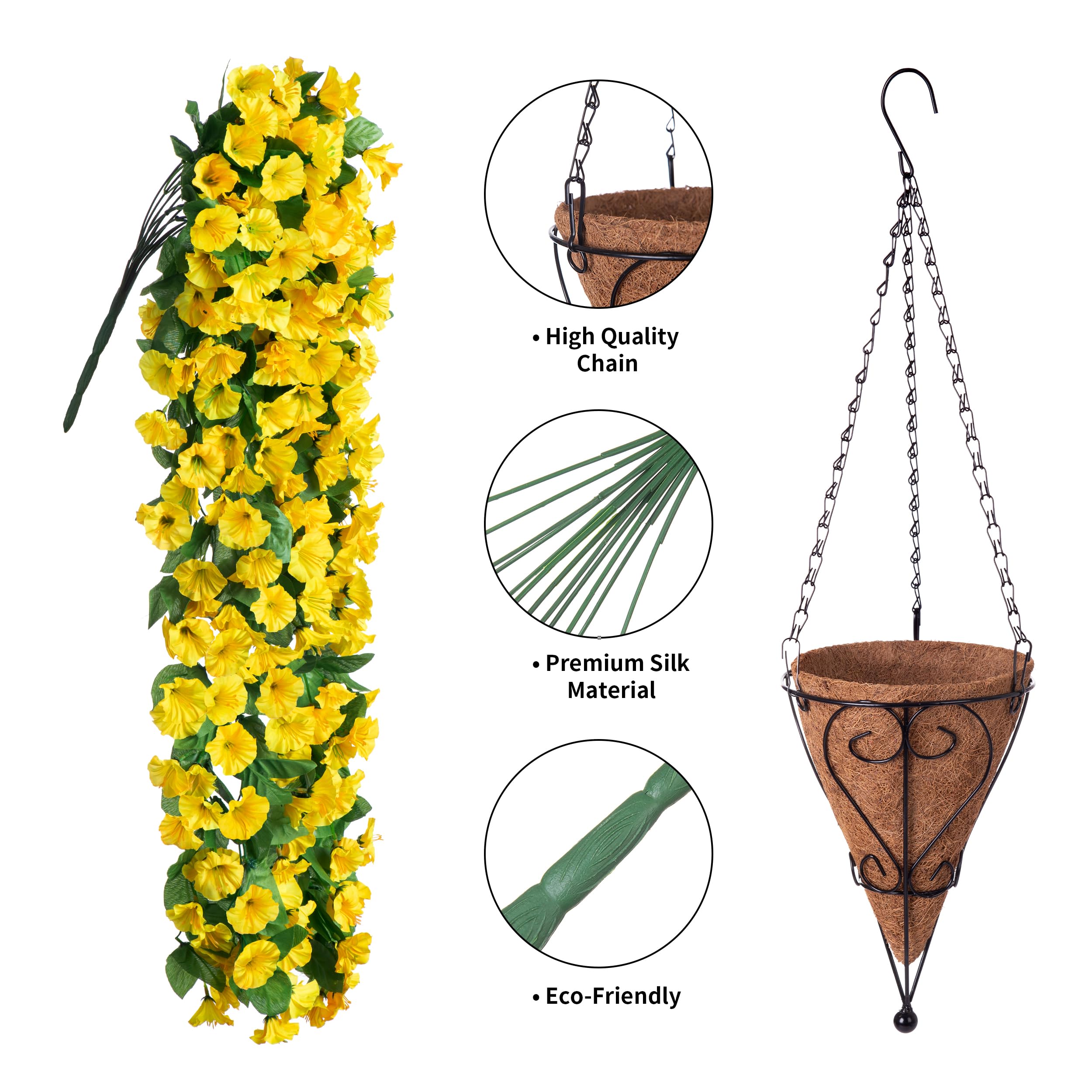 Artificial Fake Flowers Plants Hanging Basket Planter Faux Silk Morning Glory Long Branches Stems Arrangement for Outdoor Home Decoration(Yellow)