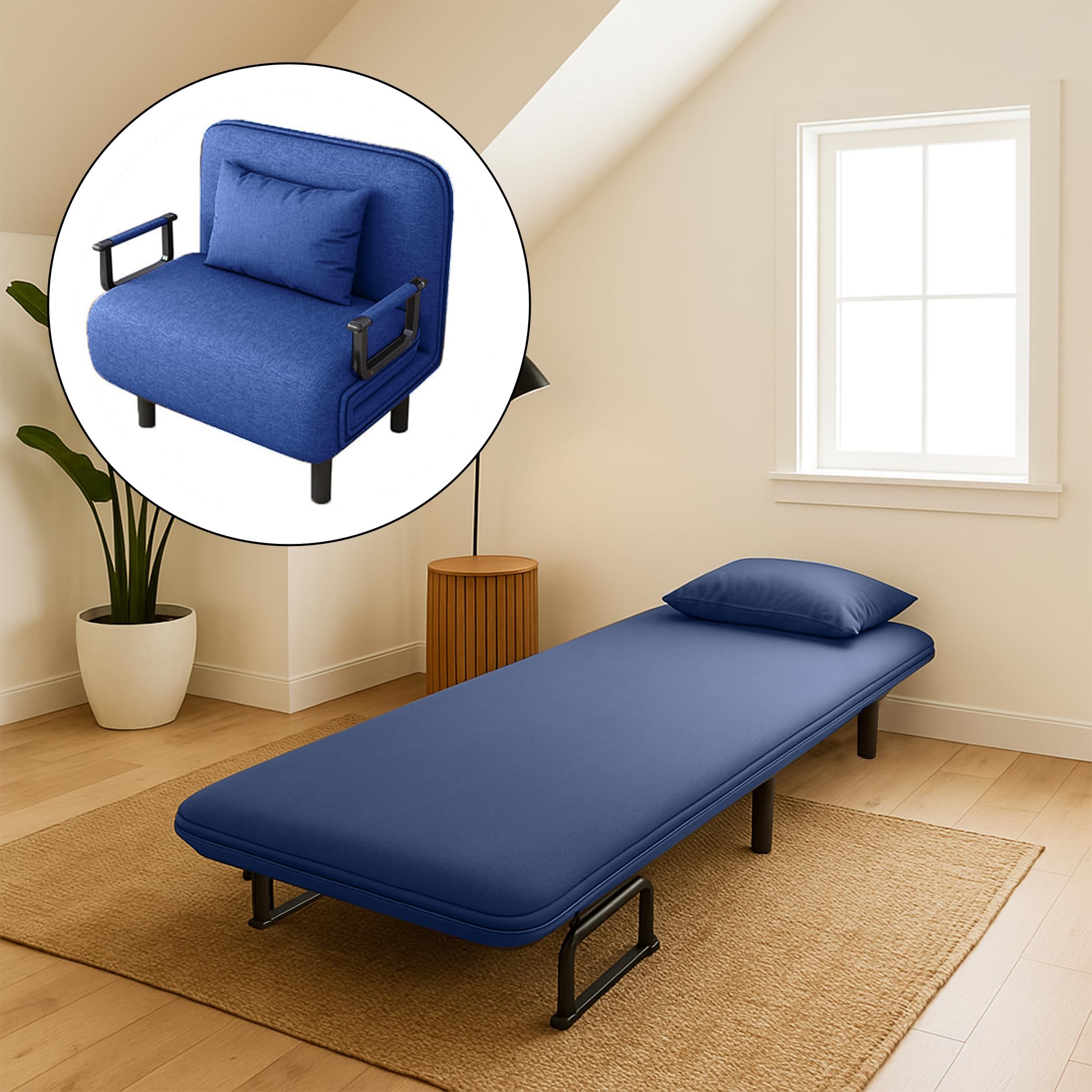 HOCC Convertible Sofa Bed, 4-in-1 Folding Sofa Bed with 6-Position Adjustable Backrest, Armrests, and Pillow, Removable Lounge Sofa Lounger, Suitable for Indoor & Outdoor Use (Lake Blue)