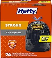 Hefty Strong 30 Gallon Black Trash Bags, 74 Count - Heavy Duty Drawstring Garbage Bags with Puncture Resistance