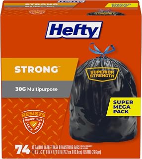 Hefty Strong 30 Gallon Black Trash Bags, 74 Count - Heavy Duty Drawstring Garbage Bags with Puncture Resistance