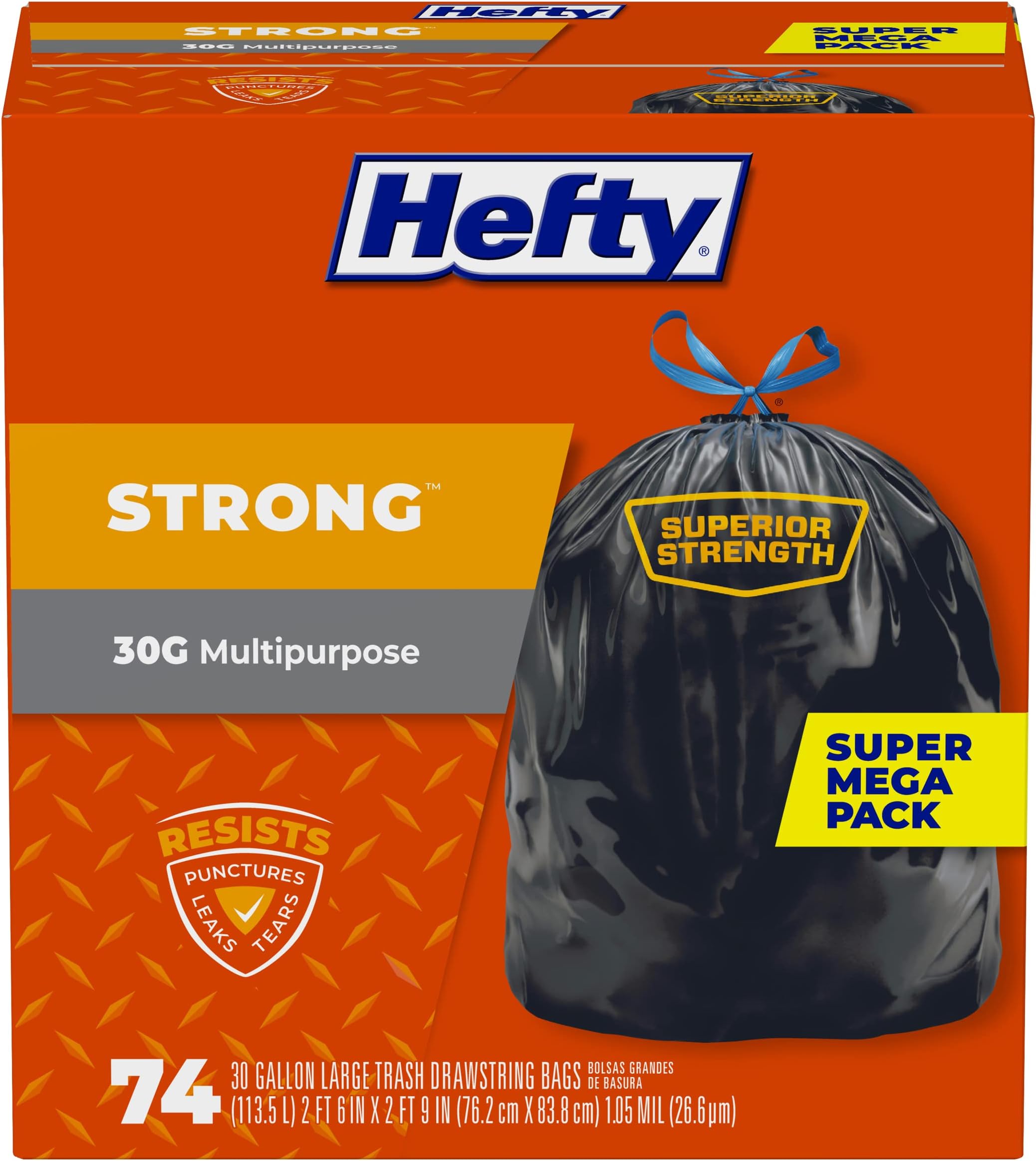 Strong Large Trash Bags, 30 Gallon, 74 Count