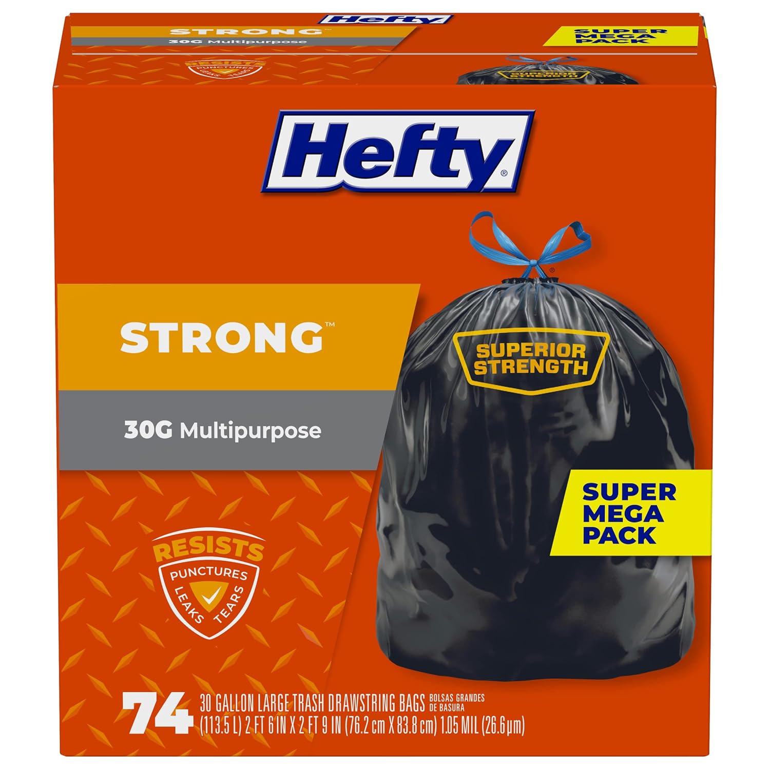 Hefty Strong Multipurpose Large Black Garbage Bags 30 Gallon, 74