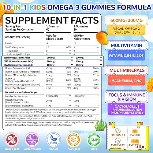 Vista 2 de Gomitas veganas con Omega 3 para niños de 4 años: Suplemento natural de ácidos grasos omega-3 DHA EPA con vitamina D3 B12 probiótico luteína zinc