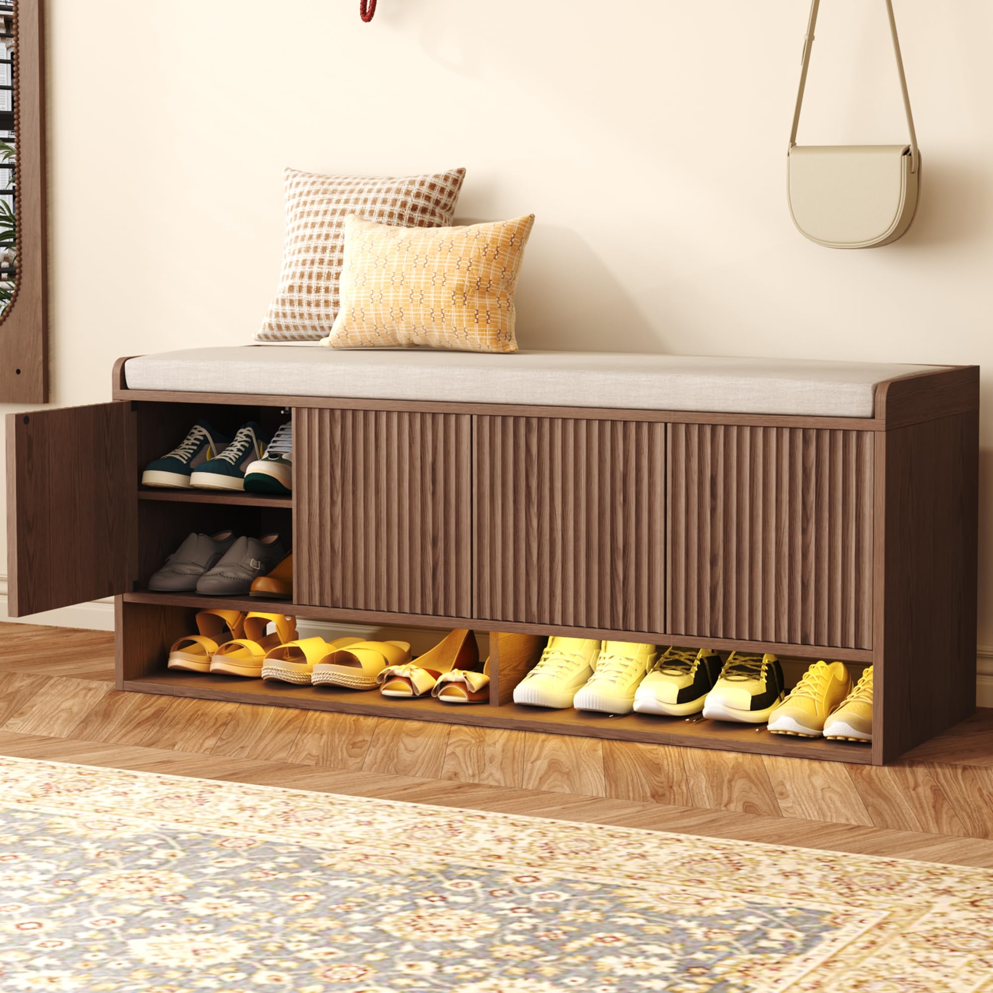 Fluted Shoe Storage Bench with LED Sensor Light, 47 Inch