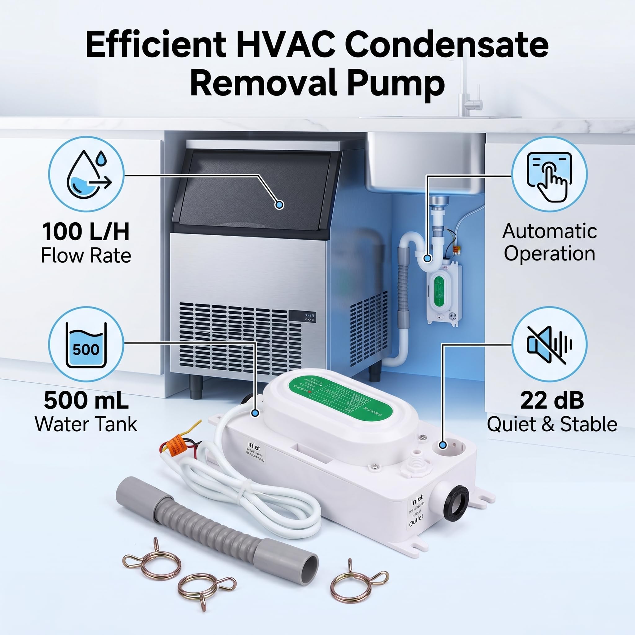 Pompa di Condensa per HVAC, Portata 100L/H Serbatoio 0.5L per Deumidificatore Macchina del Ghiaccio Commerciale 100‑230V