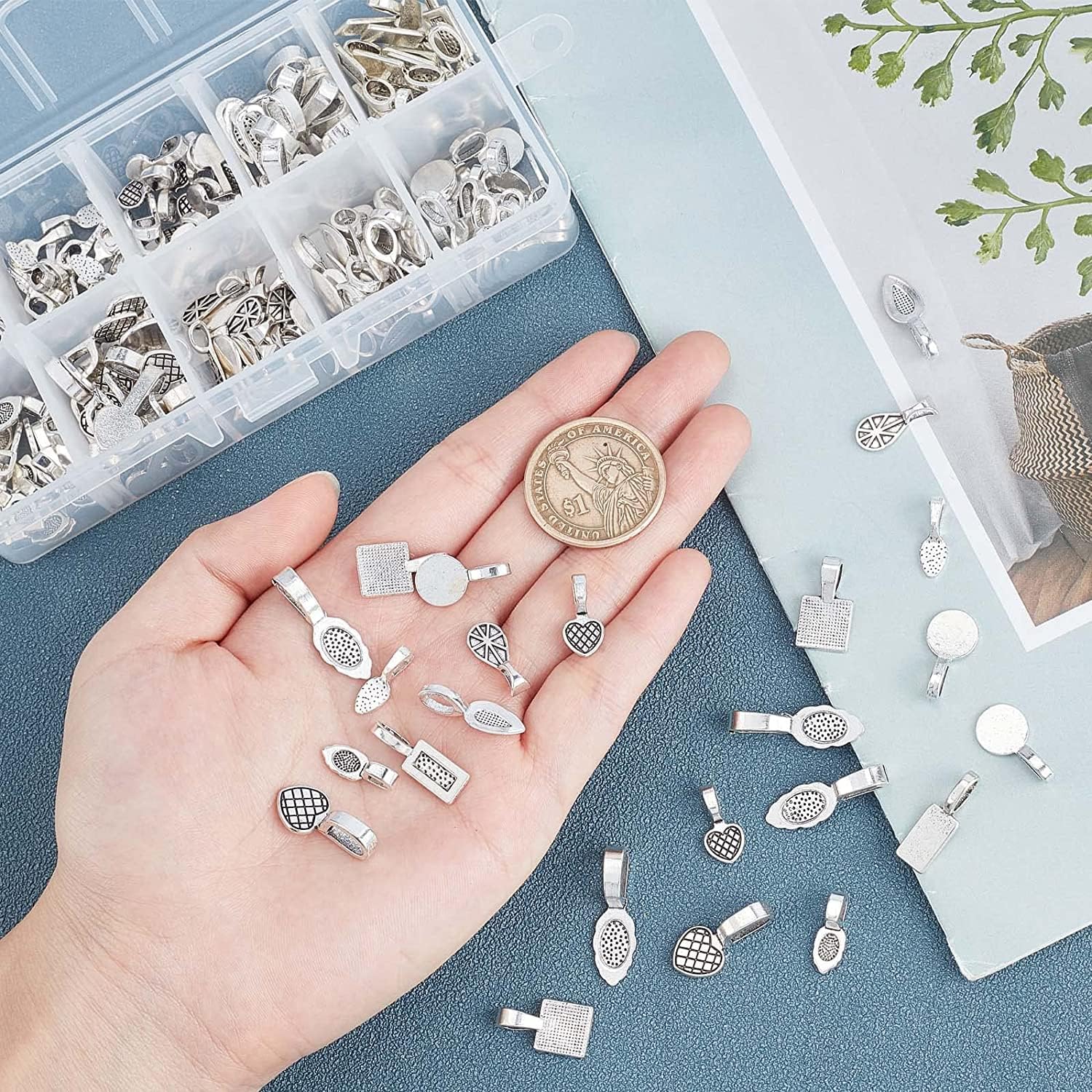 PH PandaHall 200pcs 10 Style Tibetan Silver Glue-on Flat Pad Bails Metal Alloy Necklace Clasp Pendant Connectors for Earring Necklace Jewelry Making - Image 4