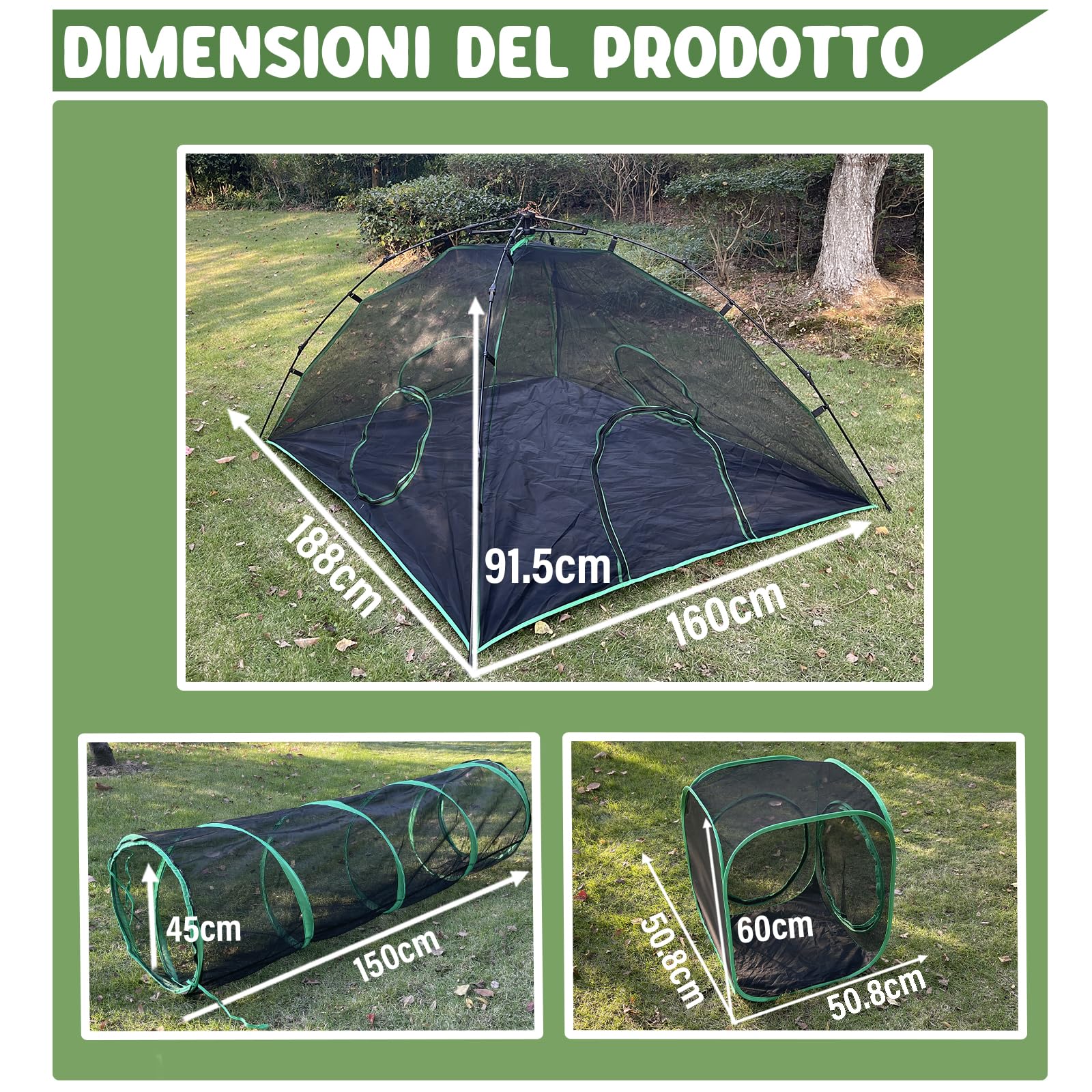 Pawtenda Recinzioni per gatto 3 in 1, portatile, per esterni, con 1 tenda a cupola, 1 tunnel dritto e 1 cubo, box all'aperto per gatto, conigli e altri animali