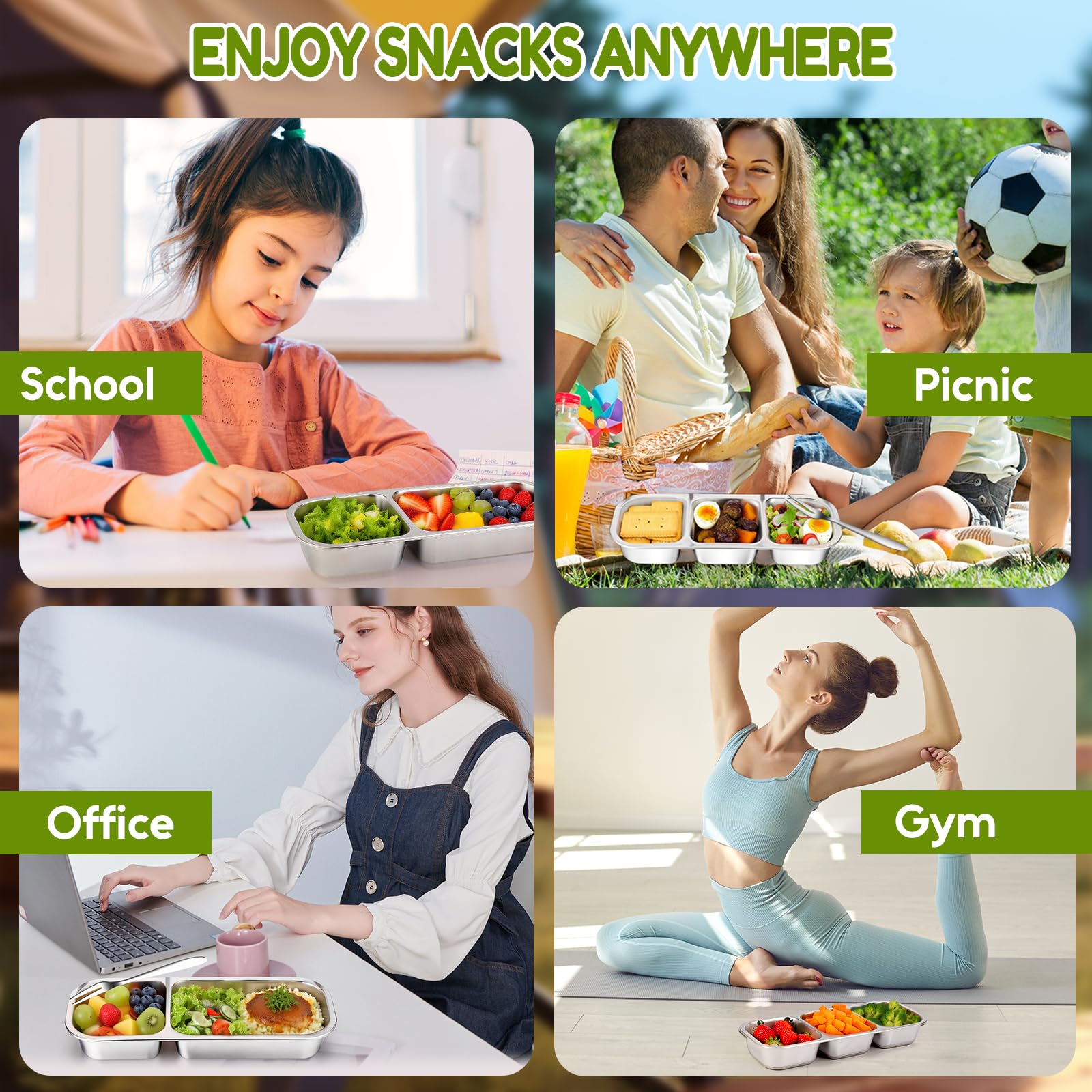 VAlinks Snack-Behälter mit auslaufsicherem Deckel, 304 Edelstahl, Bento-Snack-Box, geteilte Lunchbox, Lebensmittelbehälter für Zuhause, Offizier, Fitnessstudio, Reisen, 3 Stück