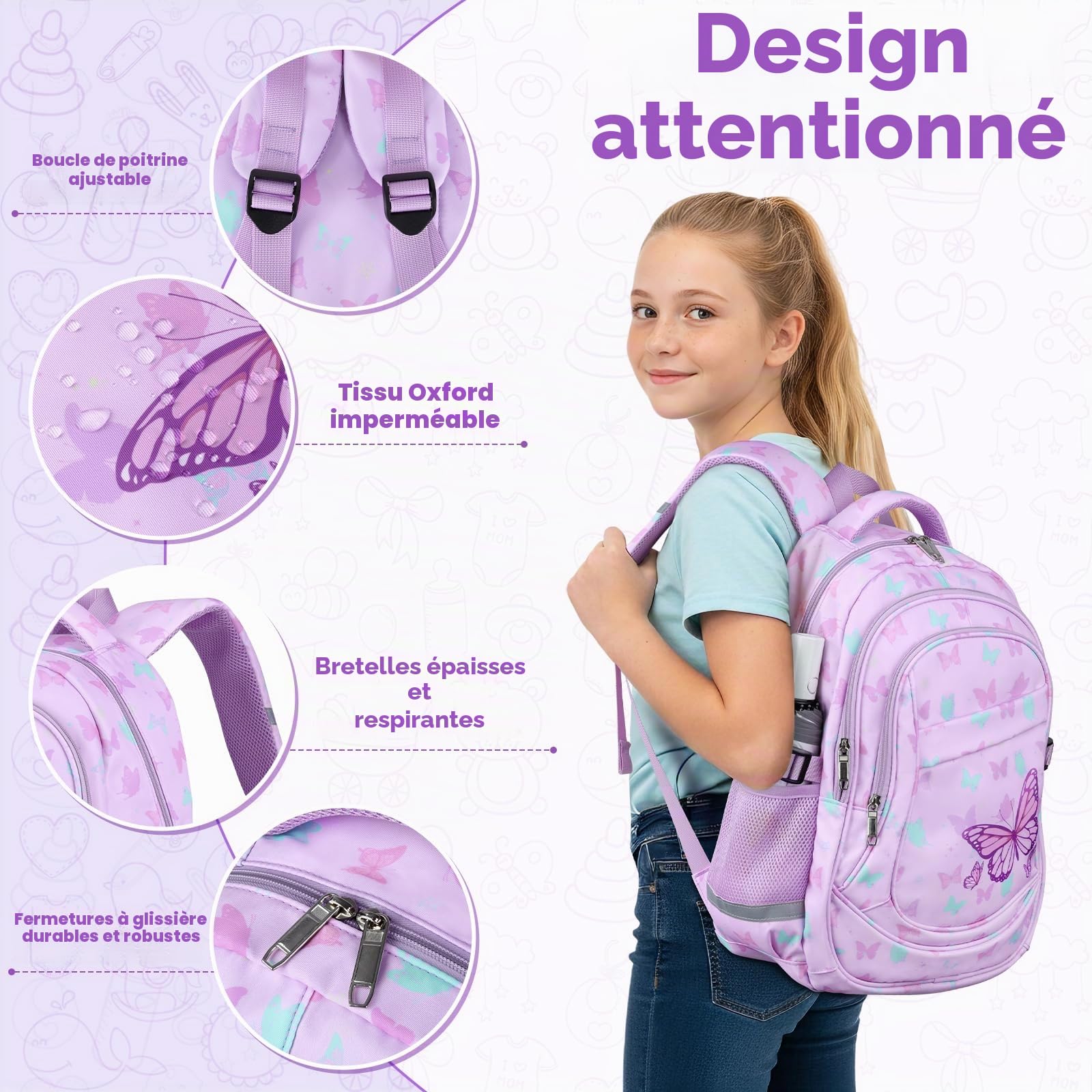 decalsweet Sac a dos Enfant, Grande Cartable Fille Primaire College Violet