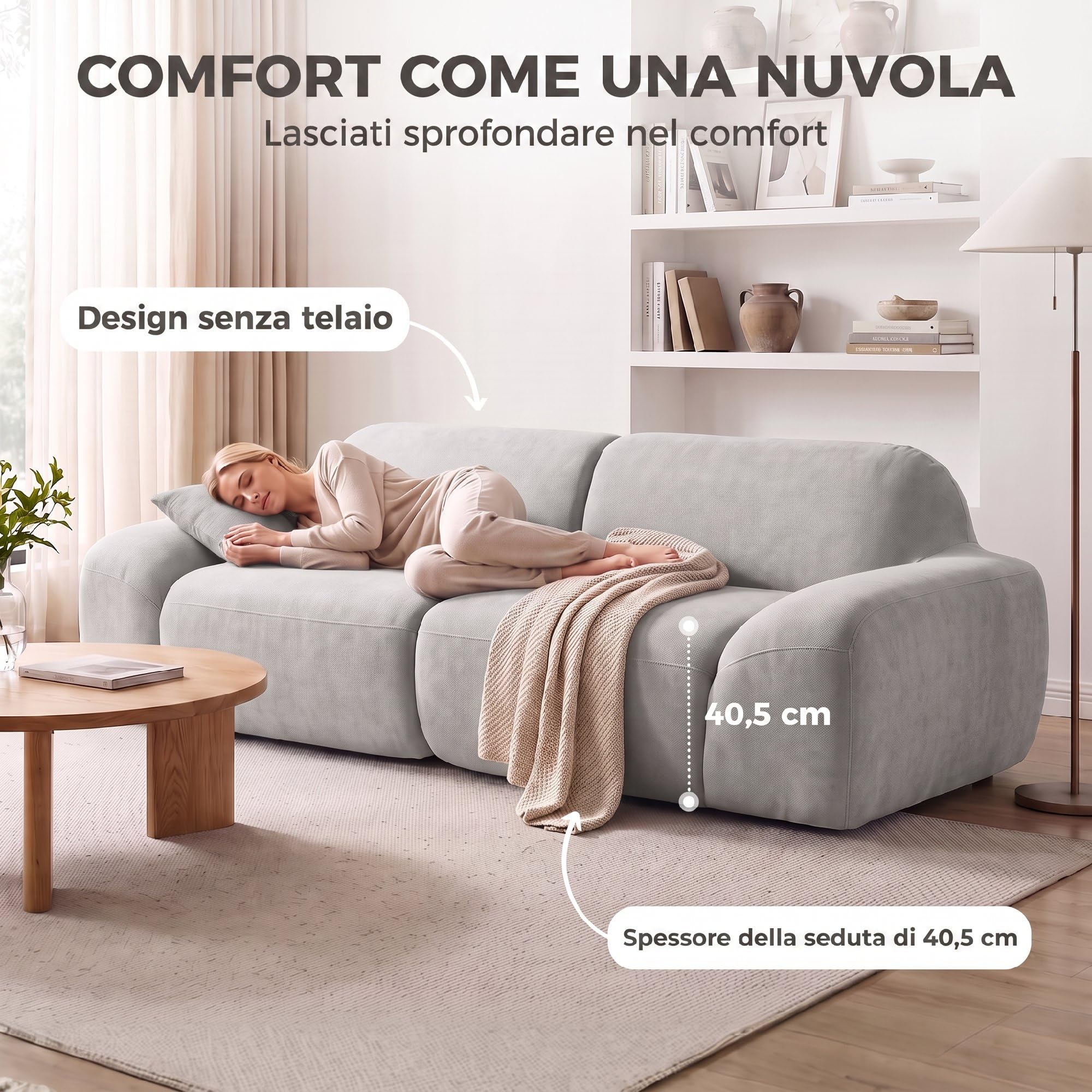 HOMCOM Divano 3 Posti Sofà 244 cm Senza Struttura Moderno Grigio Chiaro