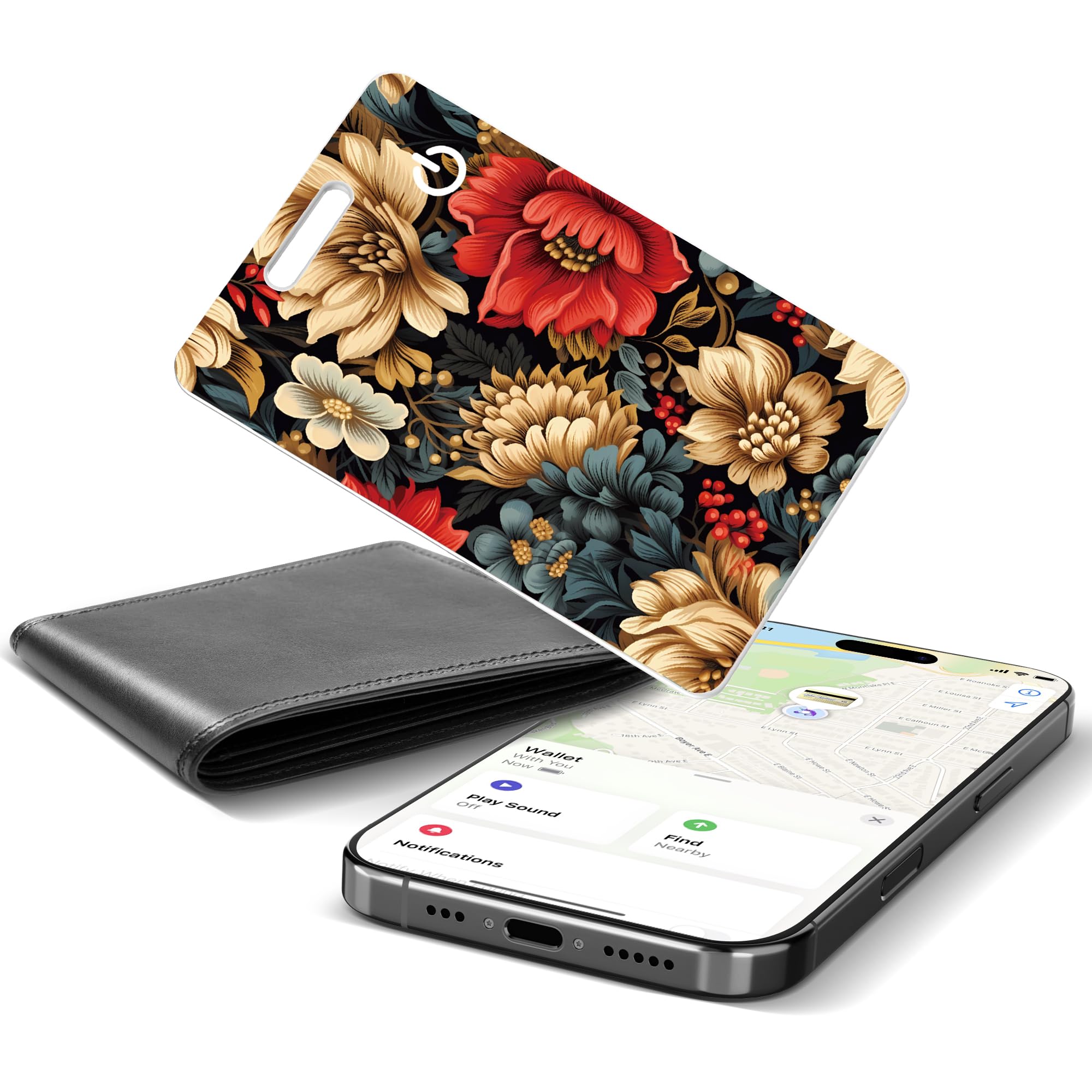 Wallet Tracker Card (iOS Only), 0.06" Slim Tracking Card, IP68 Waterproof Card Tracker for Wallet, Long Battery Life Rechargeable Bluetooth Tracker for Luggage Tags, Passports, Phone（Golden Flower）-image-21