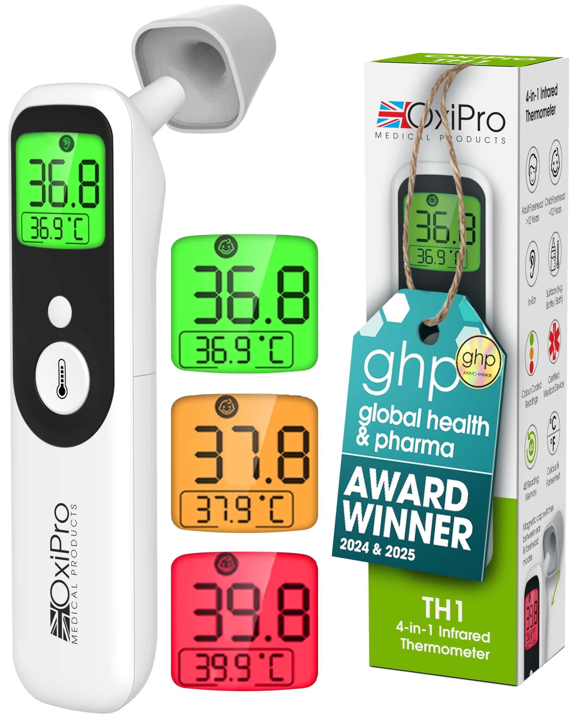 OxiPro TH1 Thermometer - Health & Pharma Award Winner 2025 - In-Ear  Forehead  Non-Touch & Baby Modes - Infrared Thermometer for Newborn  Baby  Kids  Children & Adult Temperature Measurement