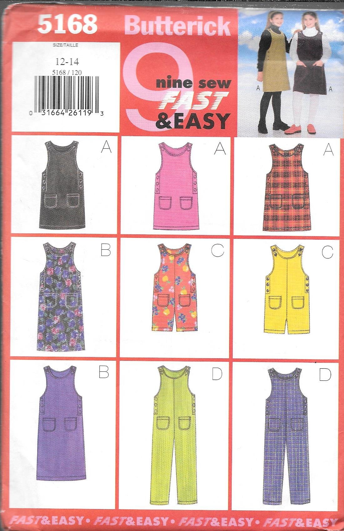 Amazon.com: Butterick Sewing Pattern 5168 SIZES 12-14 Girls Jumper and  Jumpsuit : Arts, Crafts & Sewing