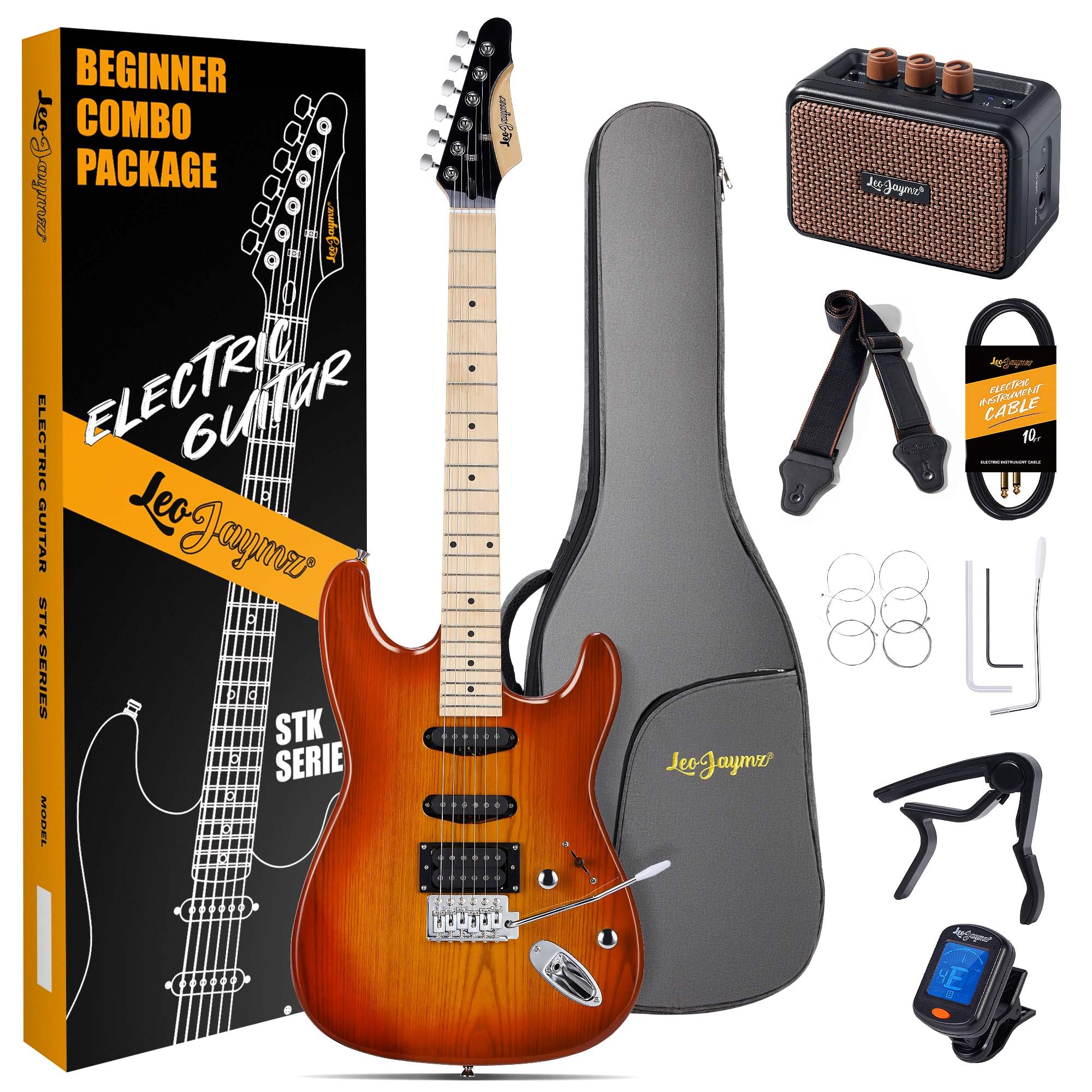 Leo Jaymz 39 Inch Full Size Electric Guitar Kit Electric Guitar Beginner Kits - Portable Amp,Digital Tuner,Gig Bag,Strap,Cable (Cherry Sunburst)