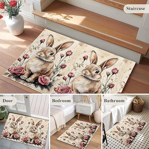 Miniatura 5 de Small Area Rugs 2x3 Ft, Spring Bunny Non-Slip Area Rugs for Living Room Bedroom Entryway, Easter Flower Floral Watercolor Retro Washable Carpet