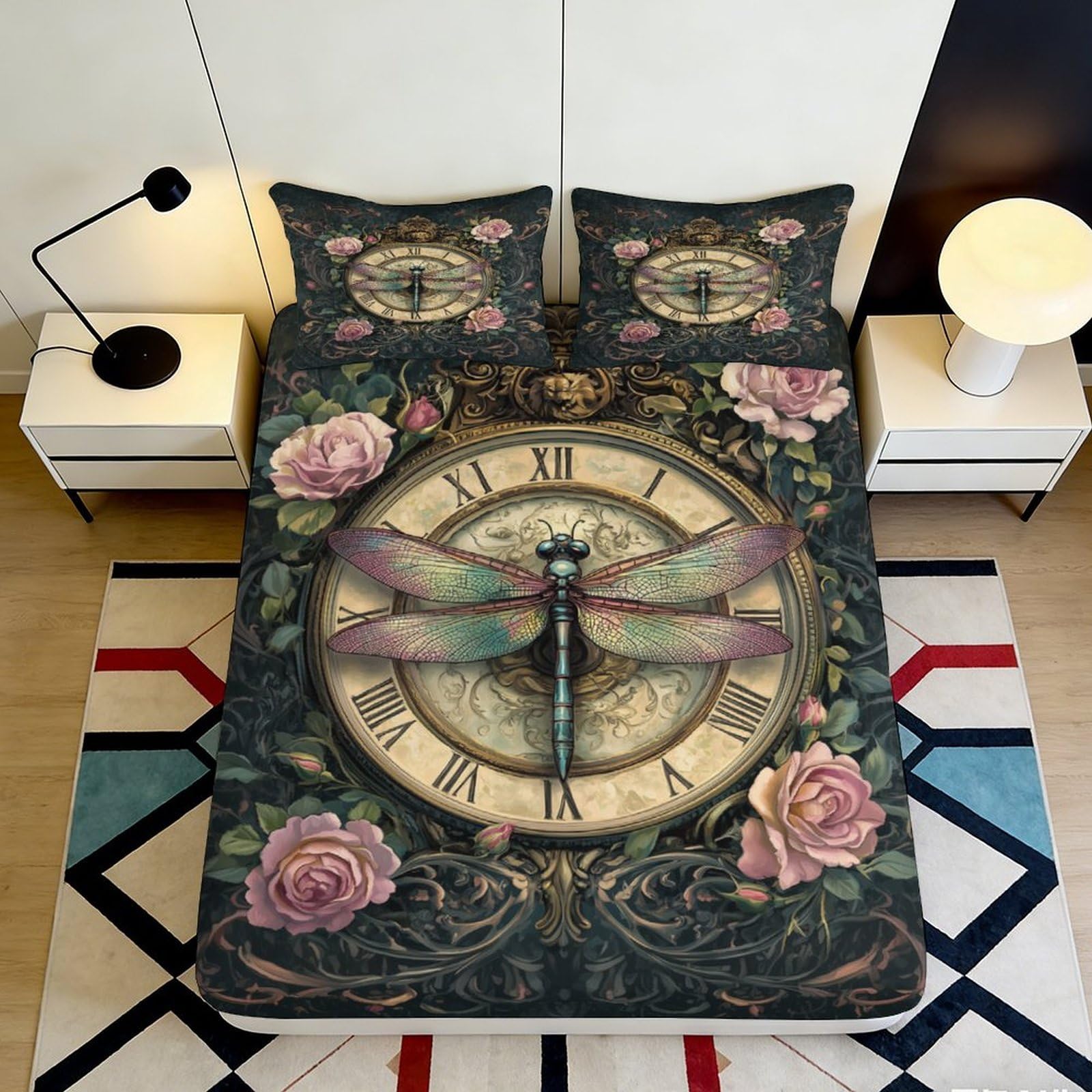 3D Printed Vintage Clock Fitted Sheet Microfiber Dragonfly Floral Bed Cover for Bedroom Guest Room Decor Easy Care 90x200x25cm