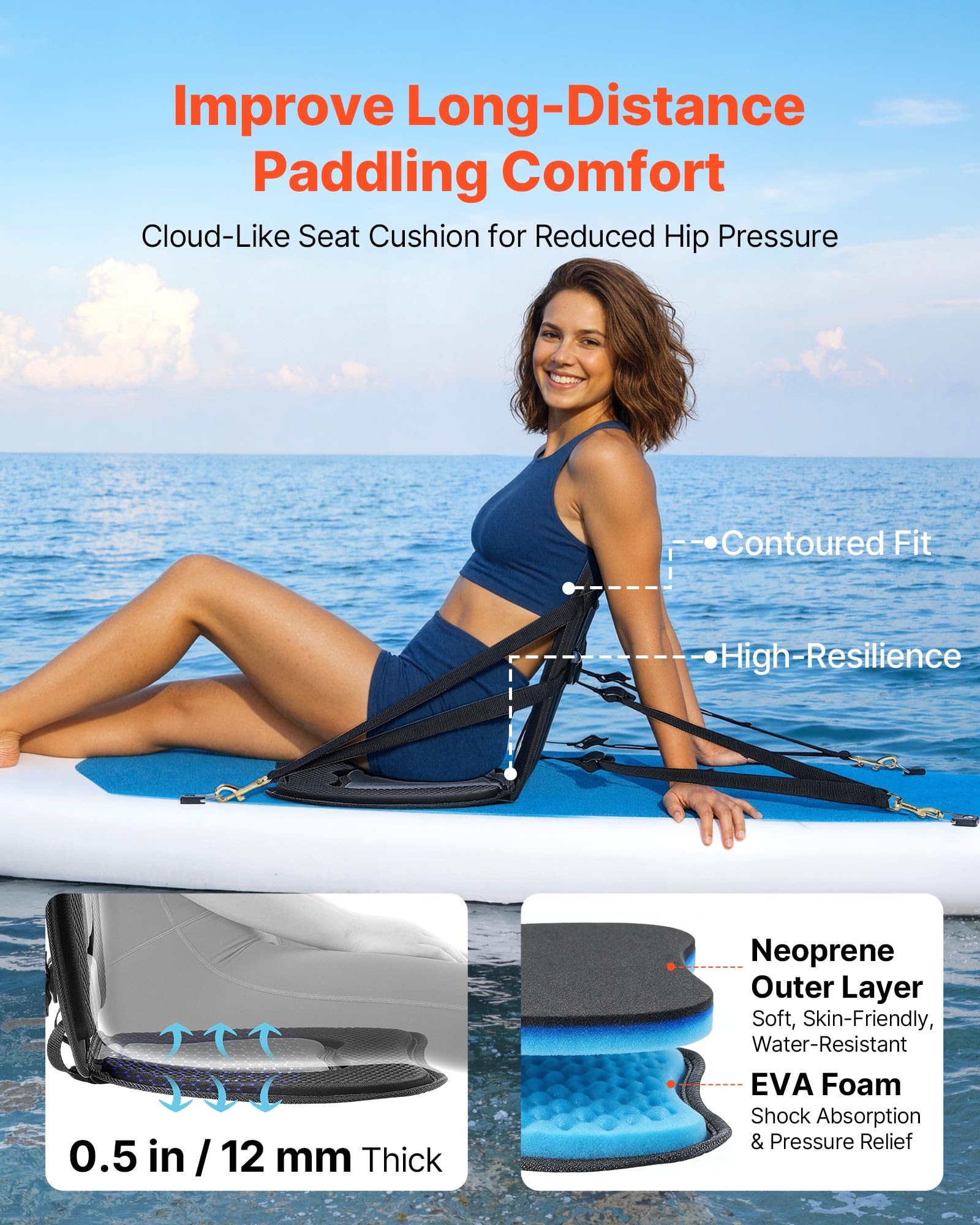 VEVOR Asiento Acolchado para Kayaks 1 Pieza, Asiento de Canoa con Respaldo Grosor de 12 mm, Cojín de Kayak con Bolsa de Almacenamiento y Correas Ajustables para Bote de Pesca, Tabla de Paddle
