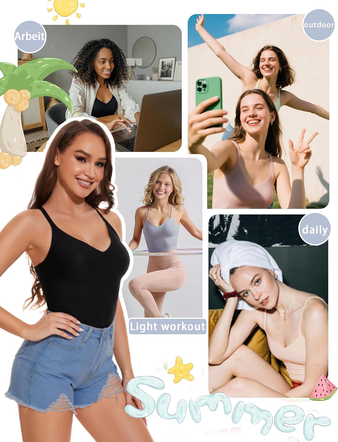 V-Neck Seamless Camisoles Tank Tops with Built in Bra for Women Summer Spaghetti Straps Tankini Camis - Image 2