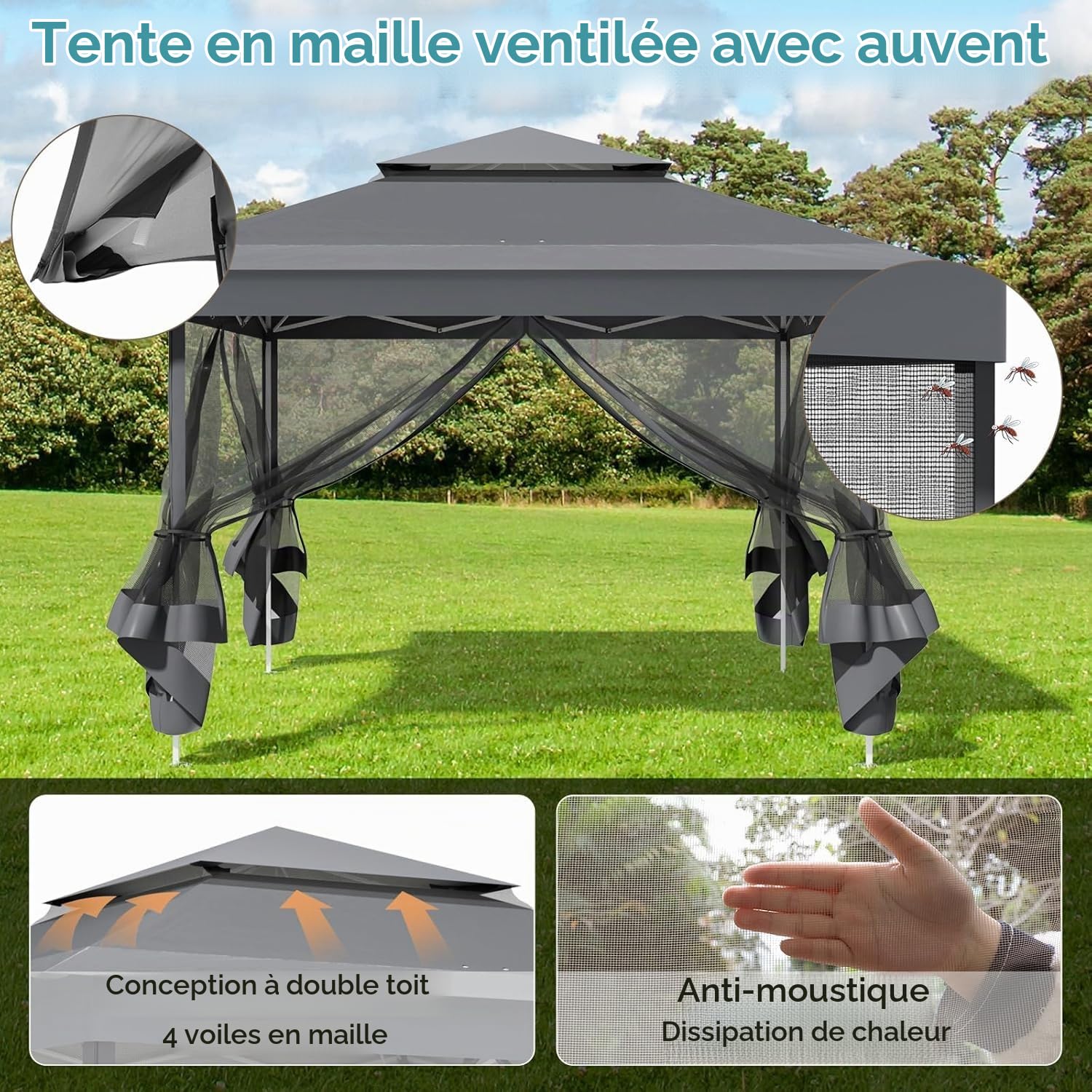 Tonnelle Pliante 3,3 x 3,3 imperméable,avec 4 Toiles Moustiquaires, One Push Tonnelle de Jardin,Tente de fête à Double Toit, 4 PCS Sacs de Sable, pour terrasse/marché/Camping/Plage, Gris Foncé
