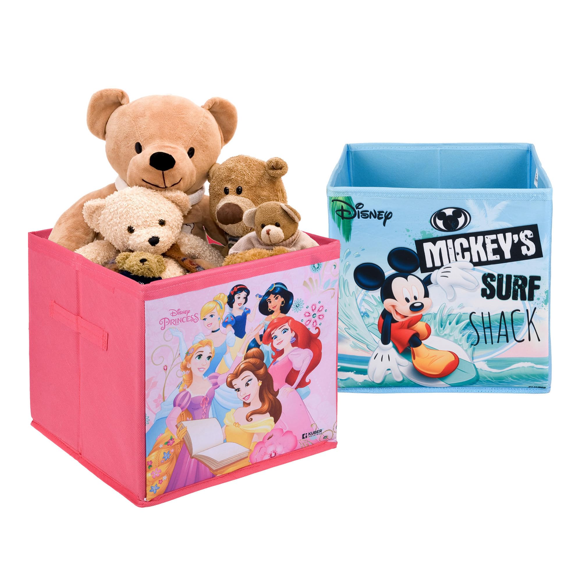 Kuber Industries Pack of 2 Storage Box | Drawer Organizer Box with Handle | Wardrobe Organizer for Clothes-Books-Toys-Stationary | Square Toy Storage Box | Disney-Print | Pink & Sky Blue