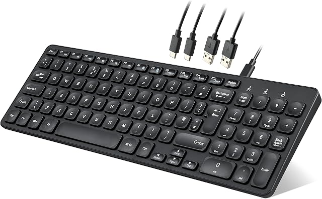 perixx PERIBOARD-215B UK, Wired USB-C Keyboard - Ultra Slim Scissor Keys - Build-in 2x2 USB-C & A Hubs - 2x Detachable USB-C & A Cable - Black - UK Layout