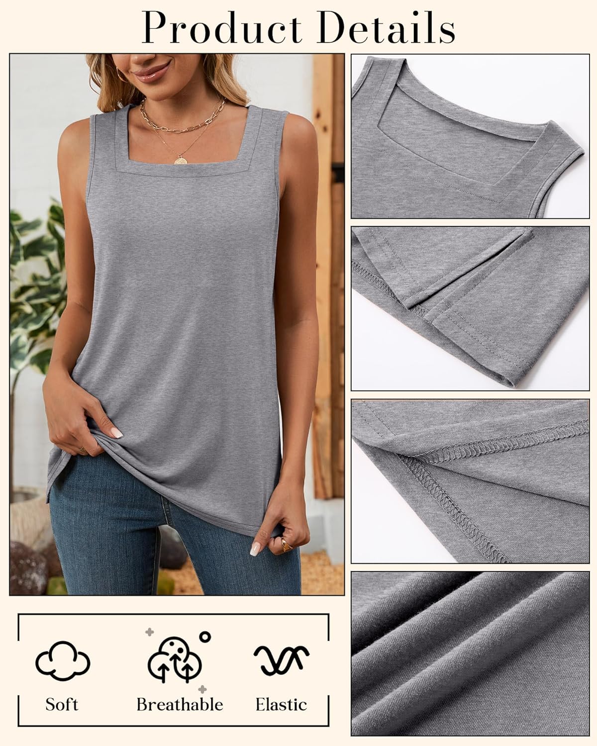 Huukeay 3 Pack Summer Women's Tank Tops Cotton Sleeveless Shirt Loose Fit Square Neck Tank Top with Side Slits(Black, White, Light Gray,Large) - Image 4