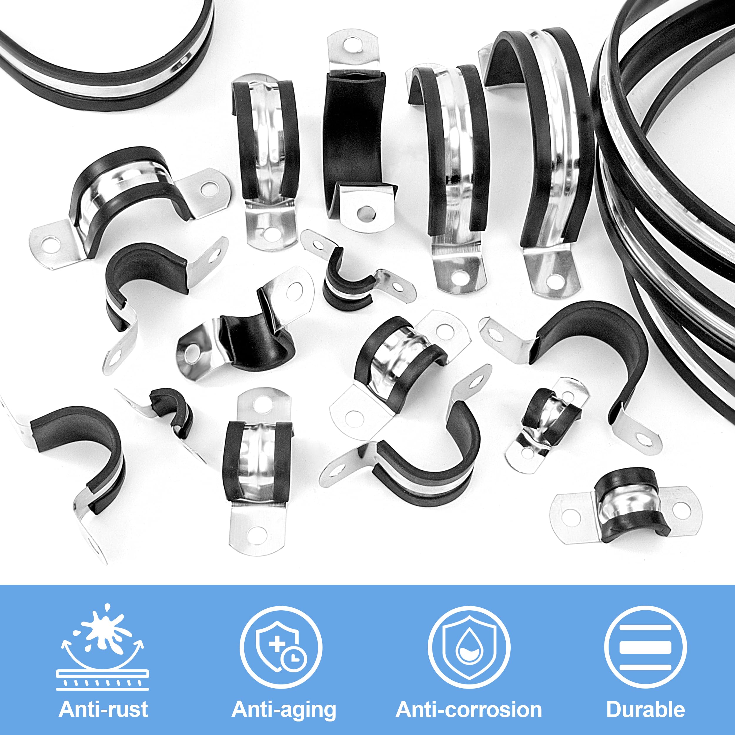 Abrazaderas para Tubos 48mm de Acero Inoxidable 304 con Acolchado de Goma 12 Piezas