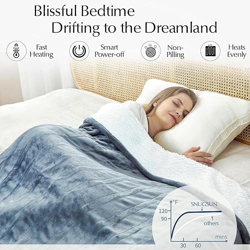 Miniatura 6 de Manta térmica eléctrica tamaño matrimonial, manta eléctrica de franela gruesa y sherpa suave y acogedora para cama, sistema de seguridad automático,