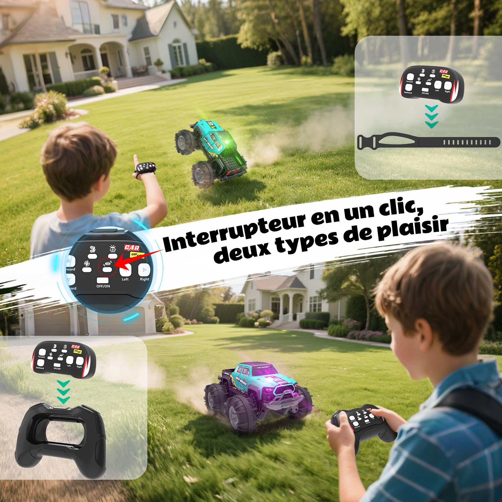 Voiture Télécommandée 4WD Amphibie – Voiture Stunt Tout-Terrain avec Capteur Gestuel, LED, 2 Batteries, Étanche, Jouet Enfant 4-12 Ans pour Sable, Eau, Jardin, Compatible Blocs de Construction