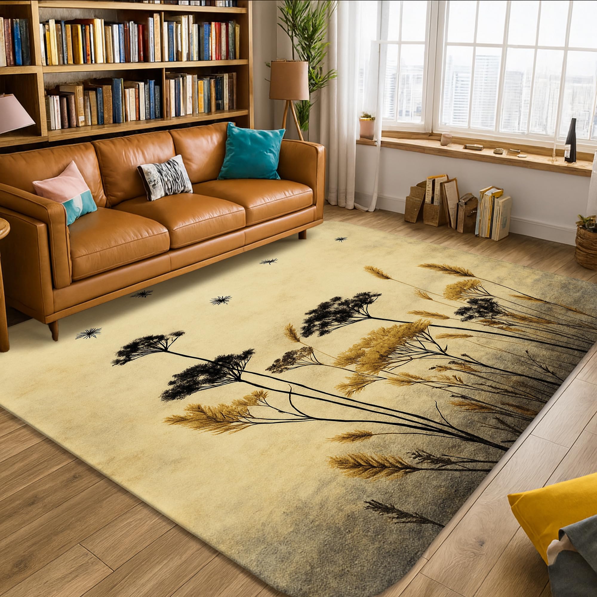 Tapis motifs fleurs rustiques jaune automne avec sous-couche mousse intégrée