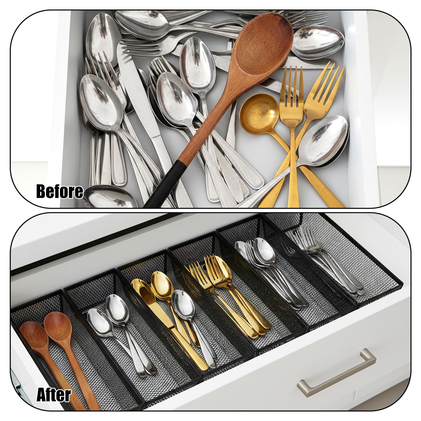 6 organizadores de cajones para cocina, organizador de cajones de malla para utensilios con brazo entrelazado para cosméticos, cubiertos, bolígrafos (12 x 3 x 2 pulgadas, negro)
