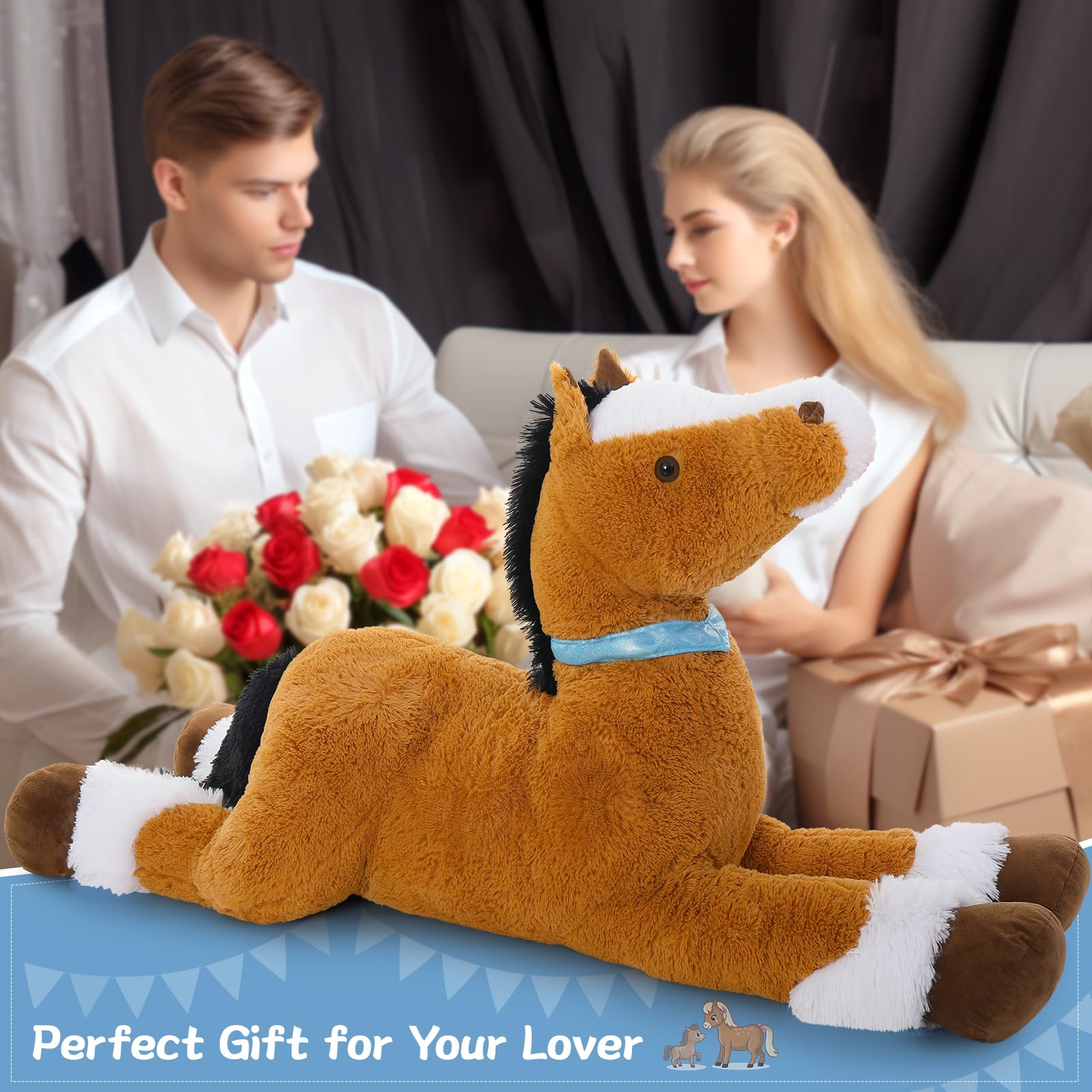 BENINY 4ft Giant Horse Stuffed Animals Pony Toy, 47 Inch Long Soft Horse Plush Pillow, Realistic Large Stuffed Horse Plush Pony Gift for Boys Girls